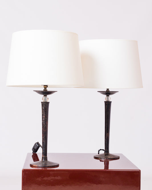 Patinated Steel & Glass Pearls Table Lamps - France 1970's