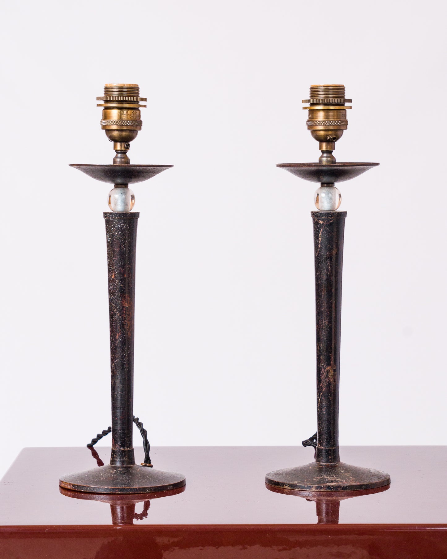 Patinated Steel & Glass Pearls Table Lamps - France 1970's