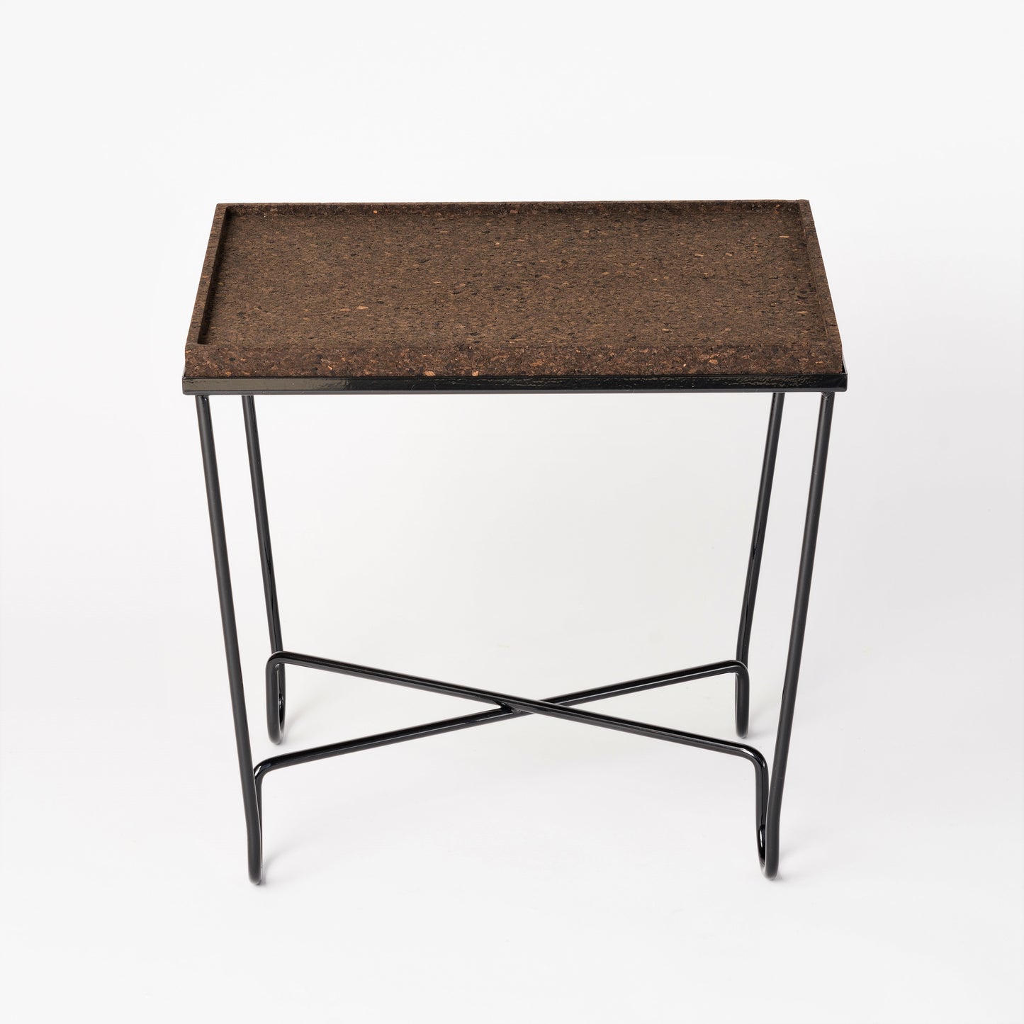 "Aronde" Black Lacquered Steel Side Table with Burnt Cork Top