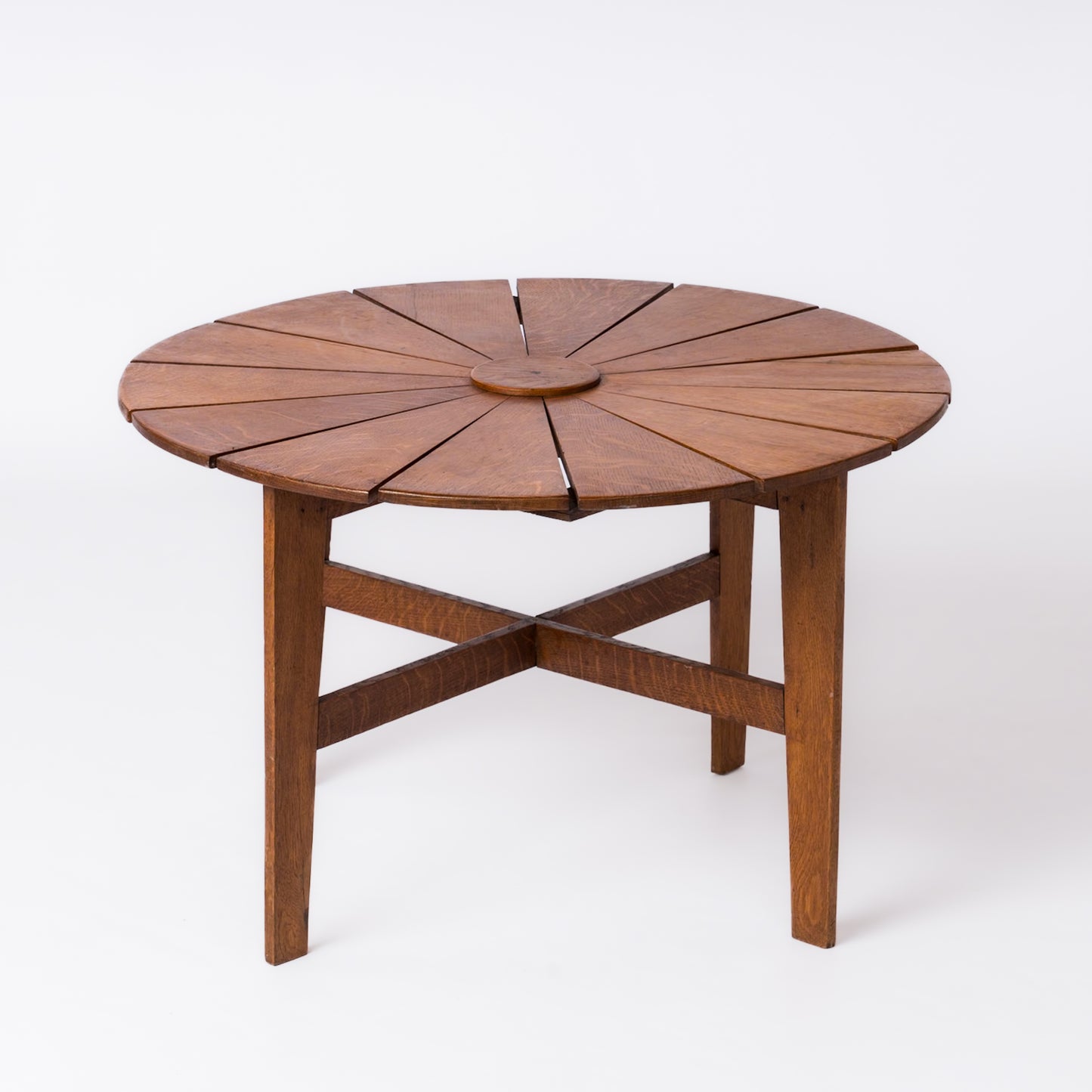 Daisy Shaped Oak Slats Round Coffee Table - France 1950's