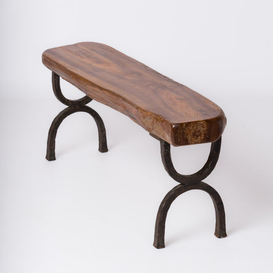 Brutalist Atelier Marolles Inspired Wrought Iron and Wood Bench - France 1970's