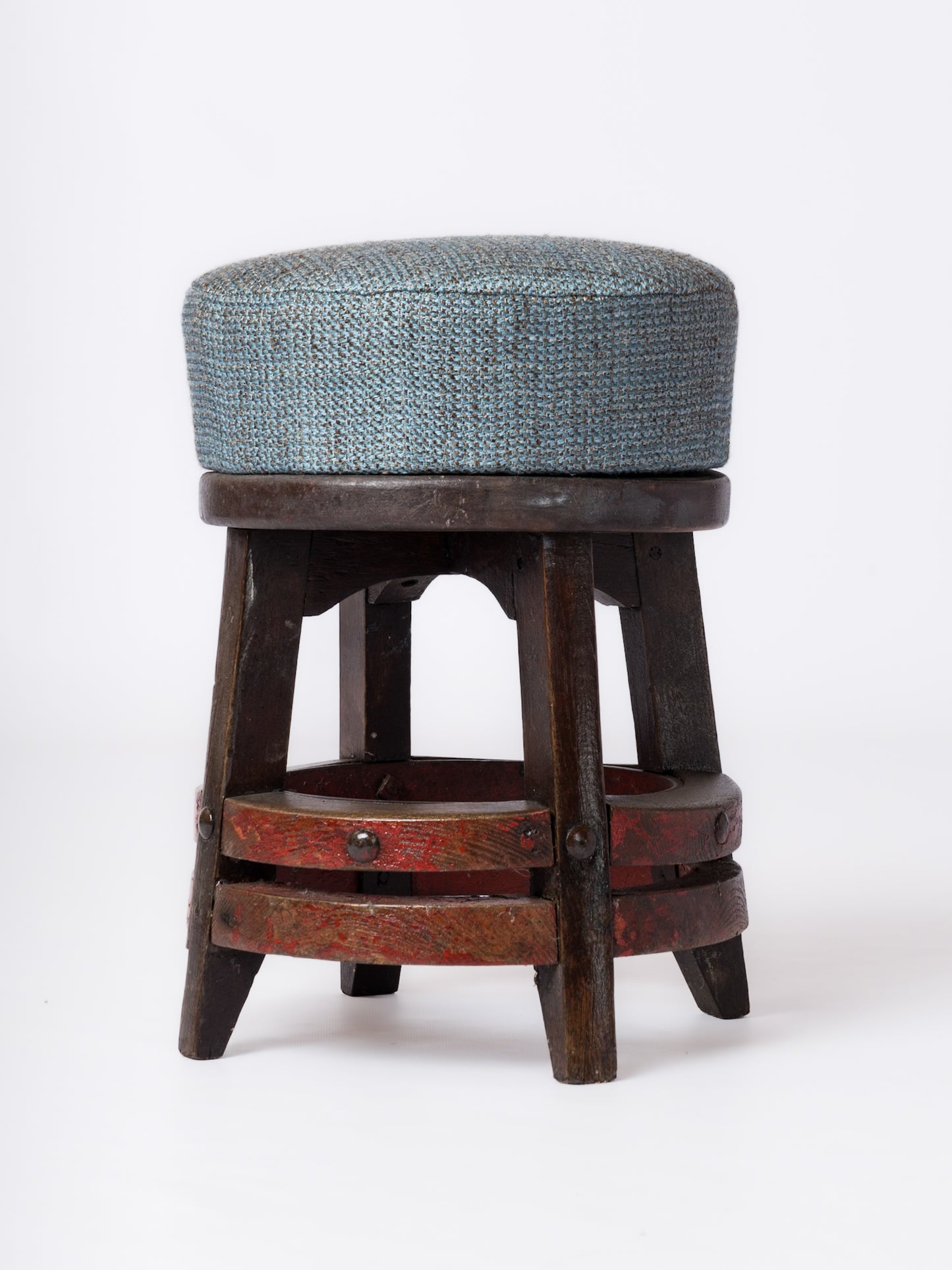 Rustic Stool in Solid Stained Oak With Double Ring Support Bars - France 1950's