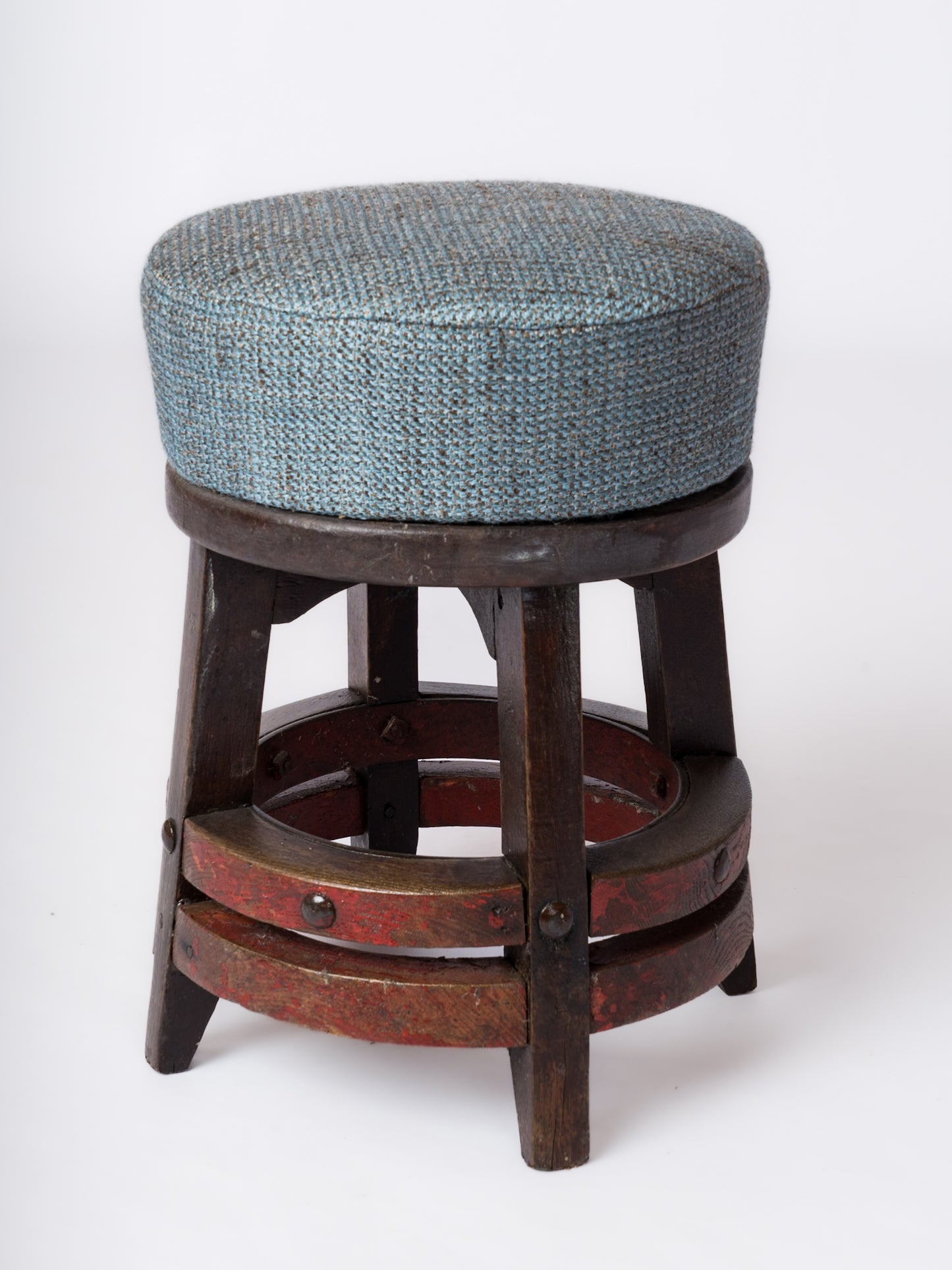 Rustic Stool in Solid Stained Oak With Double Ring Support Bars - France 1950's