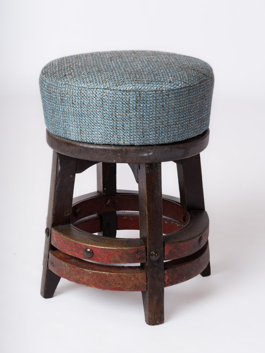 Rustic Stool in Solid Stained Oak With Double Ring Support Bars - France 1950's