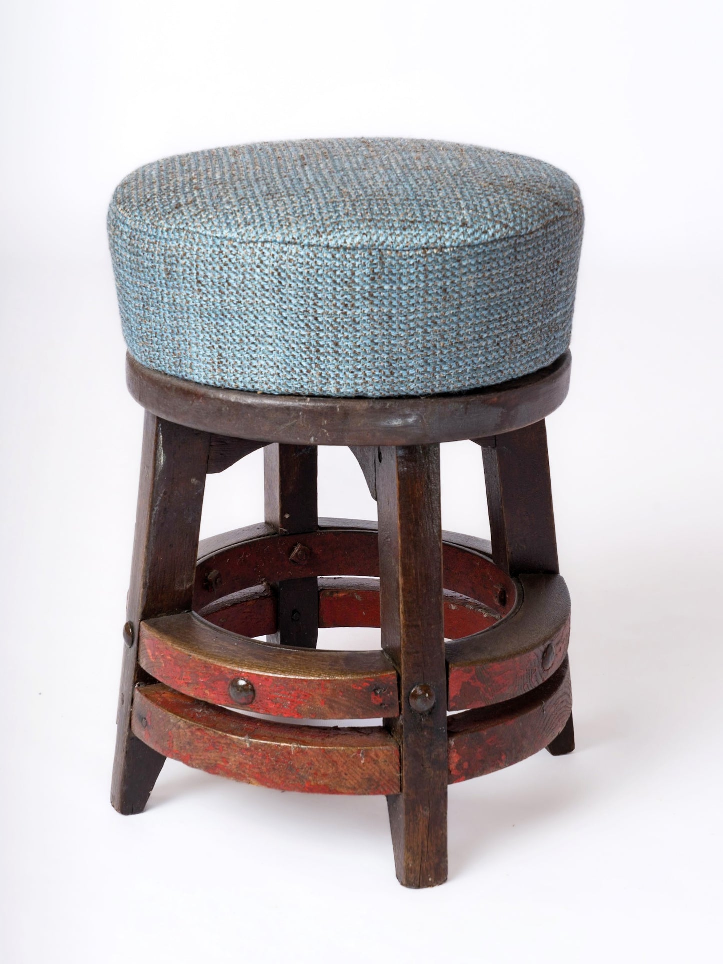 Rustic Stool in Solid Stained Oak With Double Ring Support Bars - France 1950's