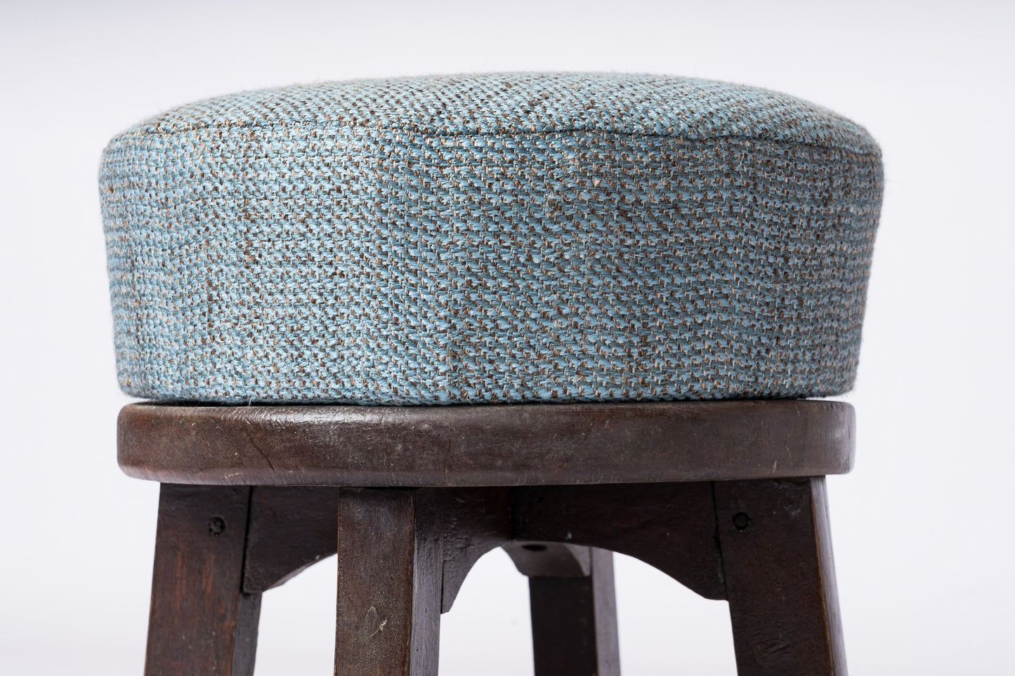 Rustic Stool in Solid Stained Oak With Double Ring Support Bars - France 1950's