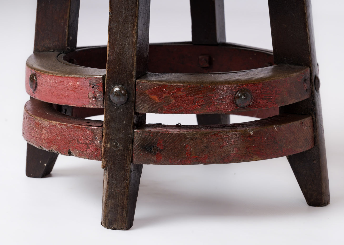 Rustic Stool in Solid Stained Oak With Double Ring Support Bars - France 1950's