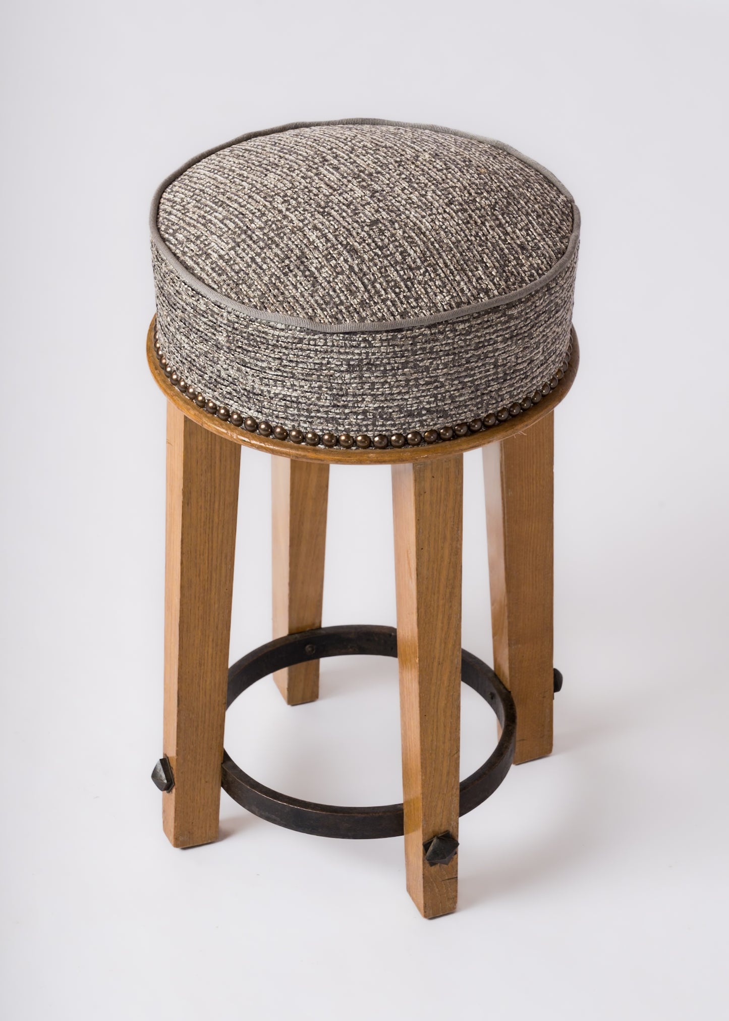 Beech Stool with Iron Strapping in the style of Arbus - France 1940's