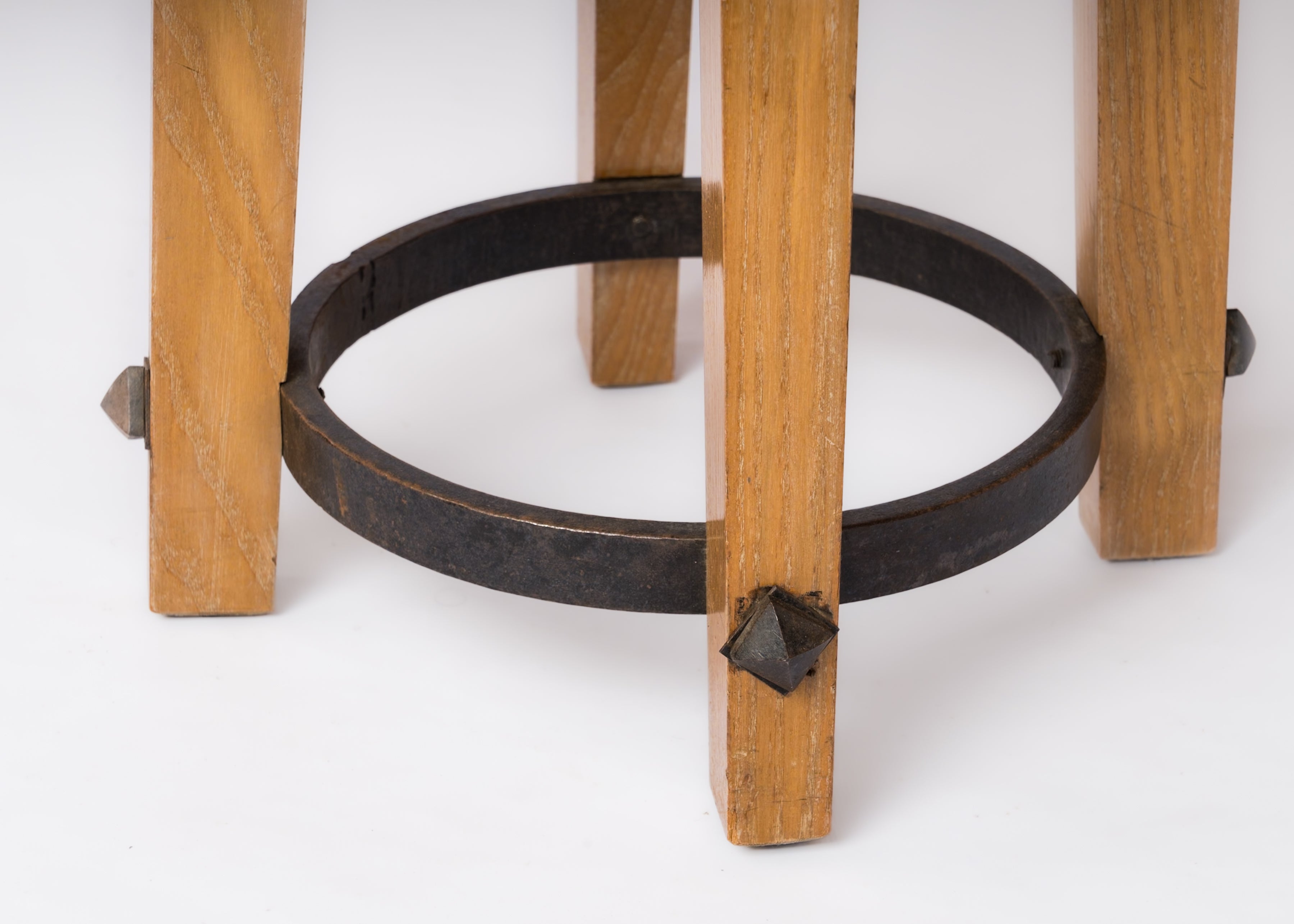 Beech Stool with Iron Strapping in the style of Arbus - France 1940's