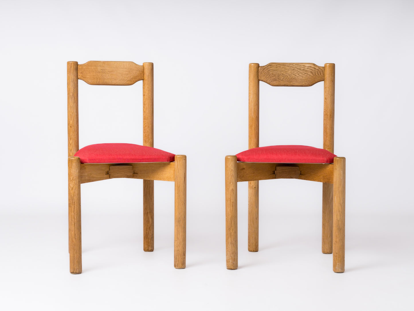 Guillerme & Chambron Oak Chairs w. Red Fabric Upholstery - France 1970's