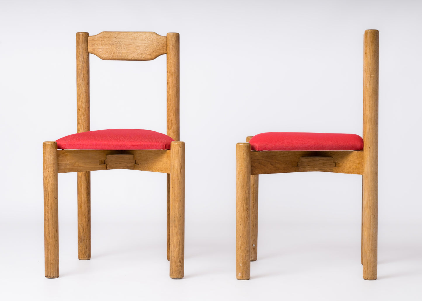 Guillerme & Chambron Oak Chairs w. Red Fabric Upholstery - France 1970's