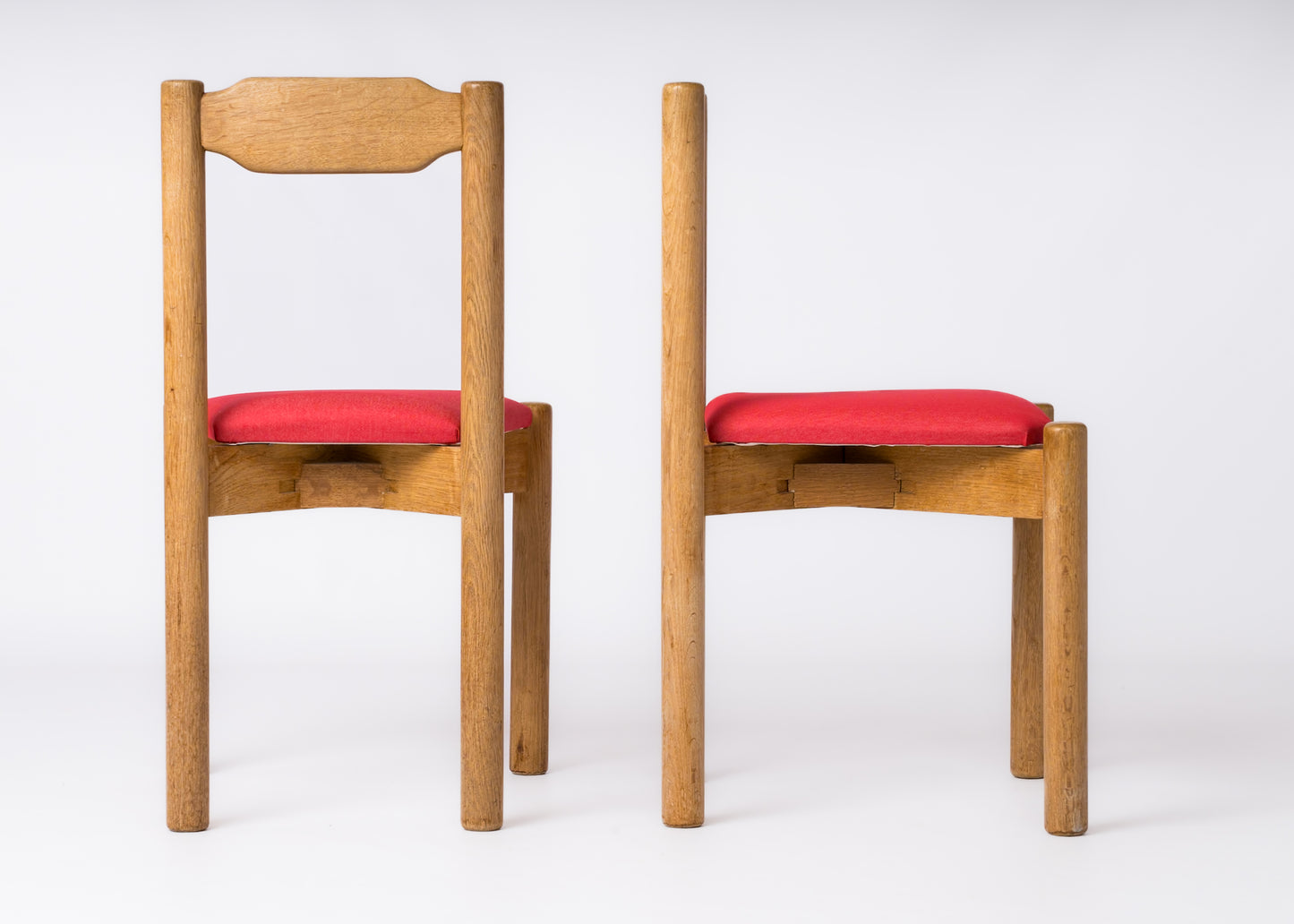 Guillerme & Chambron Oak Chairs w. Red Fabric Upholstery - France 1970's