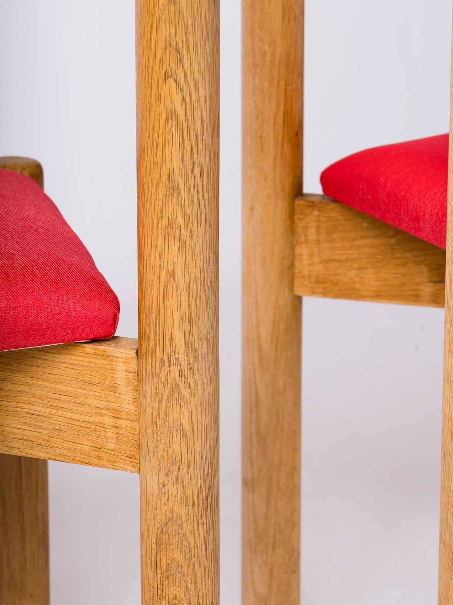 Guillerme & Chambron Oak Chairs w. Red Fabric Upholstery - France 1970's