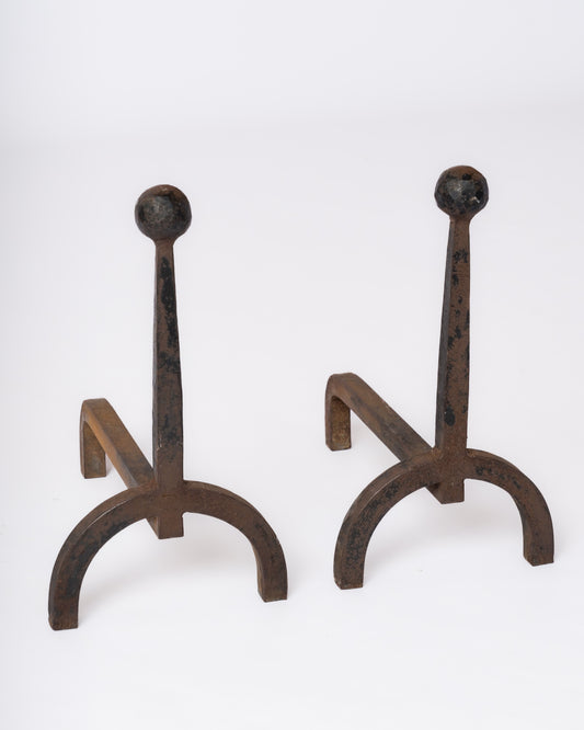 Minimalist "Fer Battu" Wrought Iron Andirons in style of Adnet - France 1950's