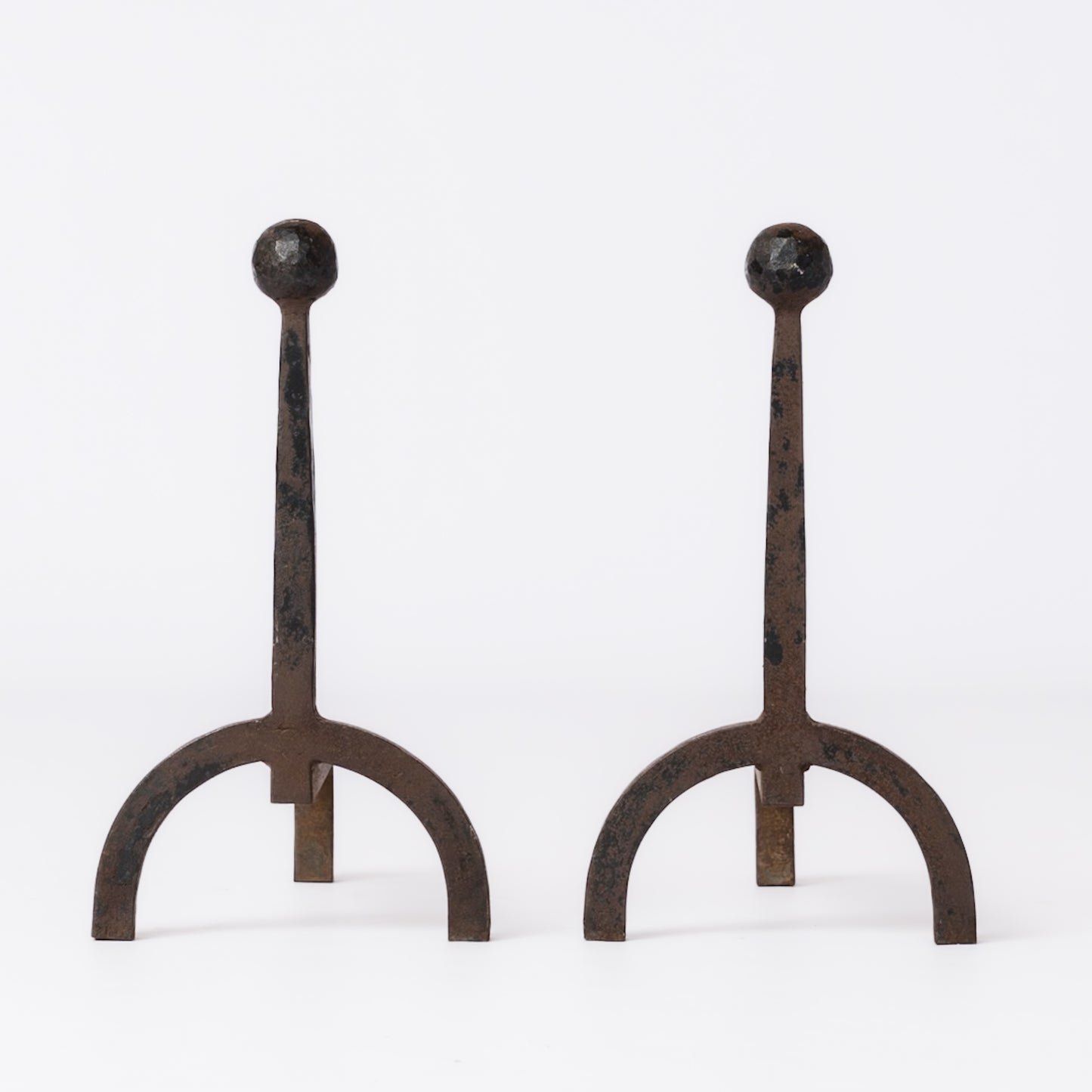 Minimalist "Fer Battu" Wrought Iron Andirons in style of Adnet - France 1950's