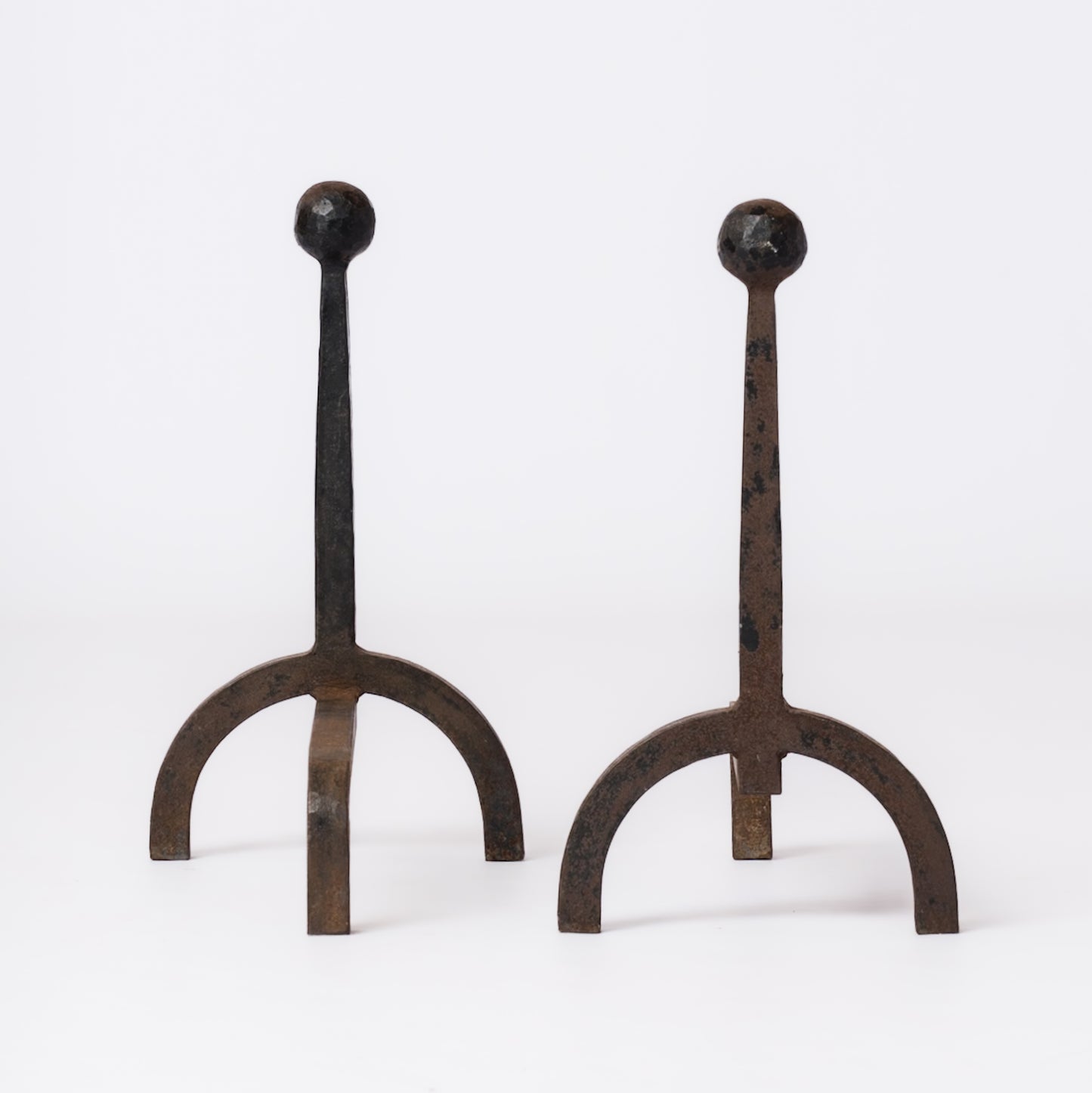 Minimalist "Fer Battu" Wrought Iron Andirons in style of Adnet - France 1950's