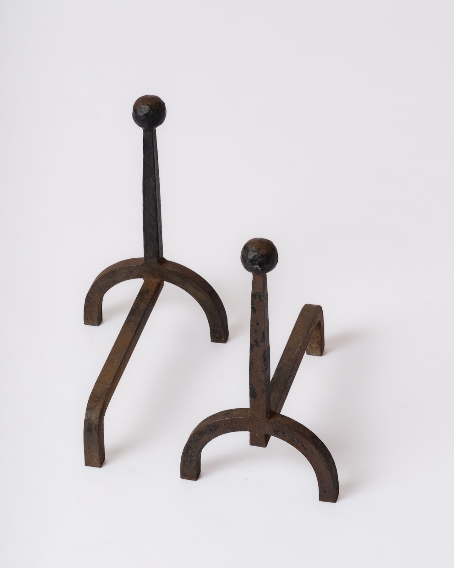 Minimalist "Fer Battu" Wrought Iron Andirons in style of Adnet - France 1950's