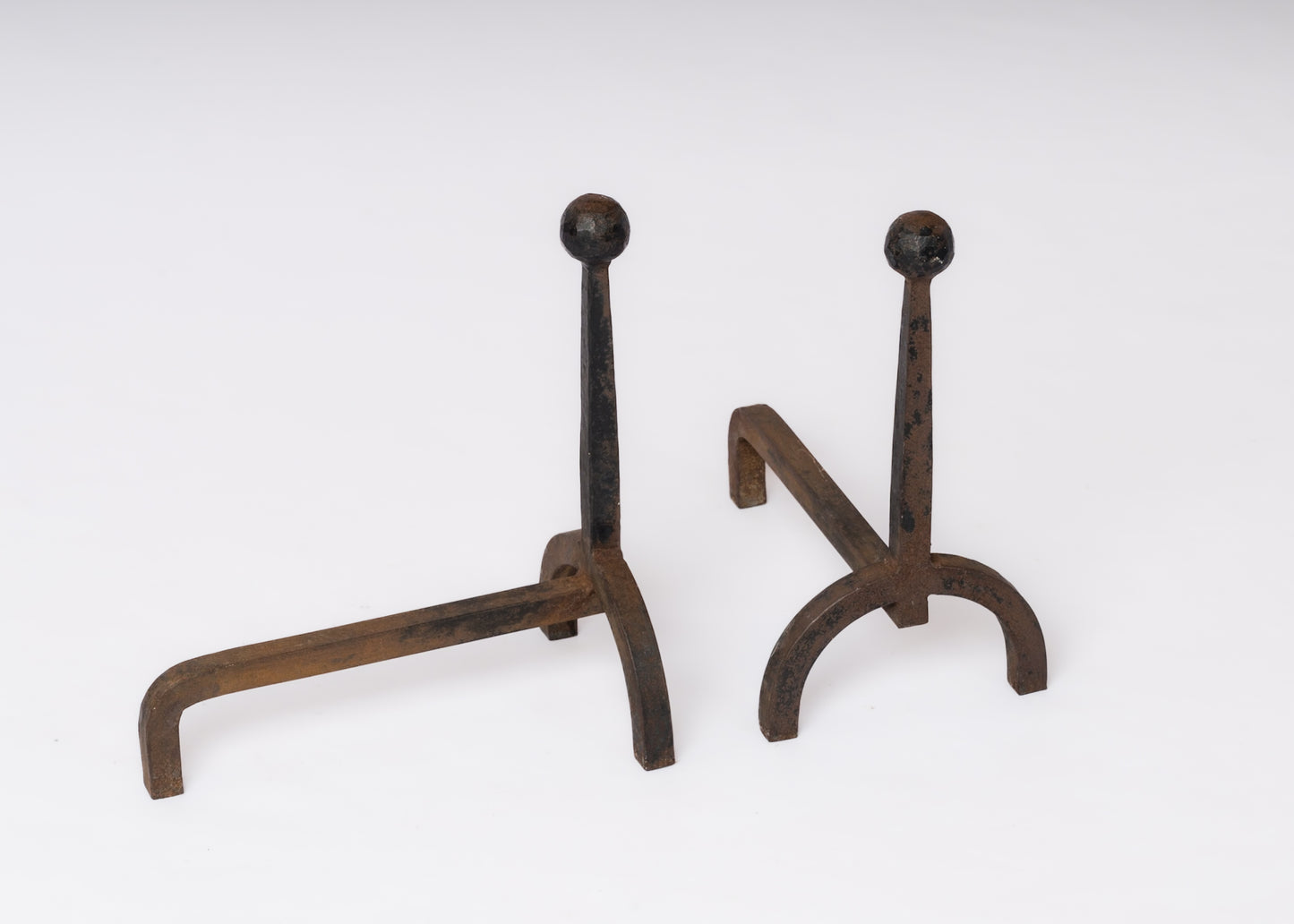 Minimalist "Fer Battu" Wrought Iron Andirons in style of Adnet - France 1950's