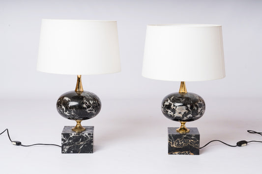 Pair of Black Portor Marble Table Lamps by Philippe Barbier - France 1970's