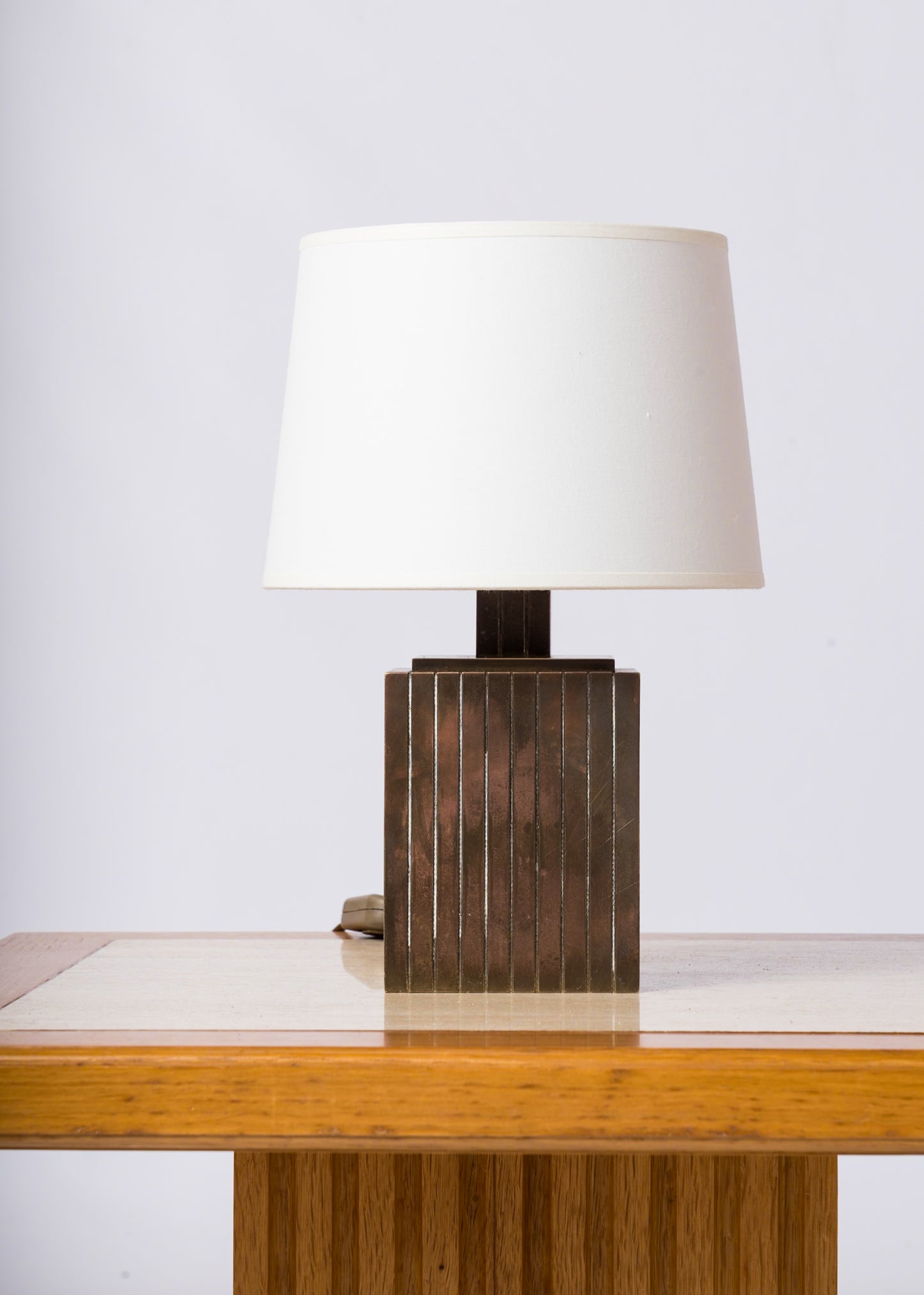 Petite Signed Slotted Patinated Brass Table Lamp - Italy 1970's