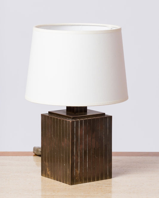Petite Signed Slotted Patinated Brass Table Lamp - Italy 1970's