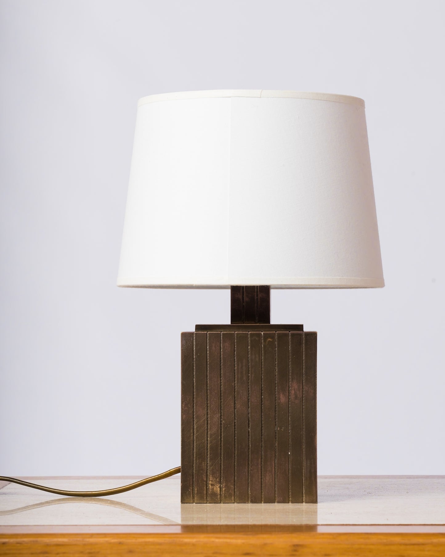 Petite Signed Slotted Patinated Brass Table Lamp - Italy 1970's