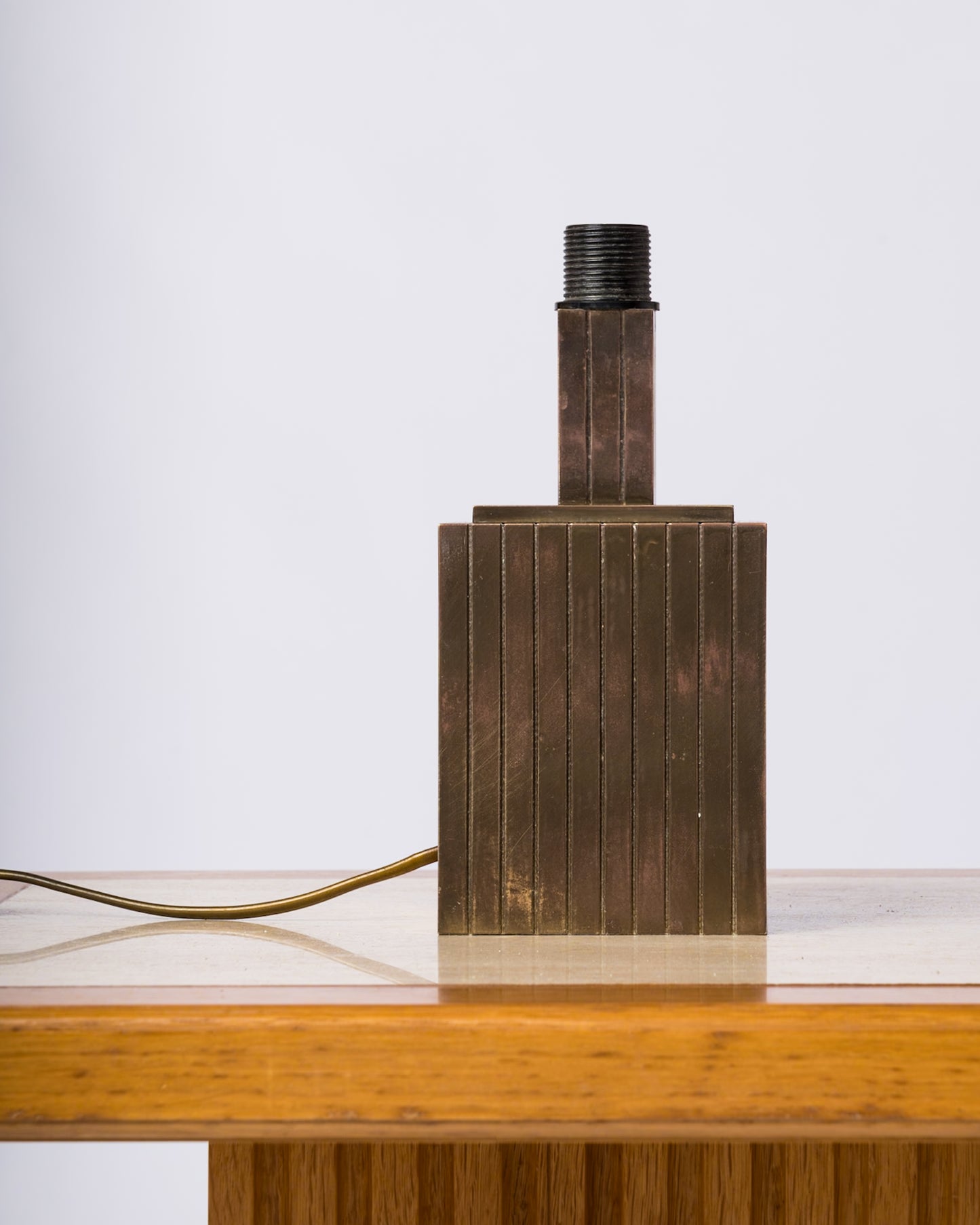 Petite Signed Slotted Patinated Brass Table Lamp - Italy 1970's