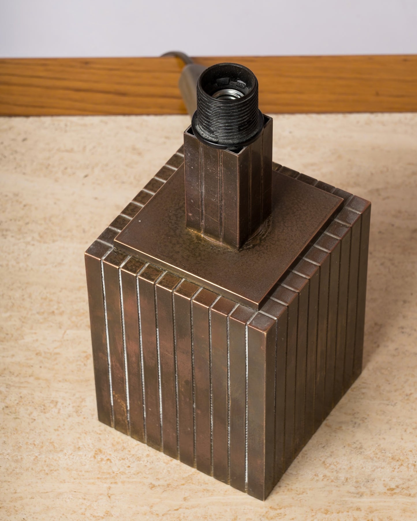 Petite Signed Slotted Patinated Brass Table Lamp - Italy 1970's