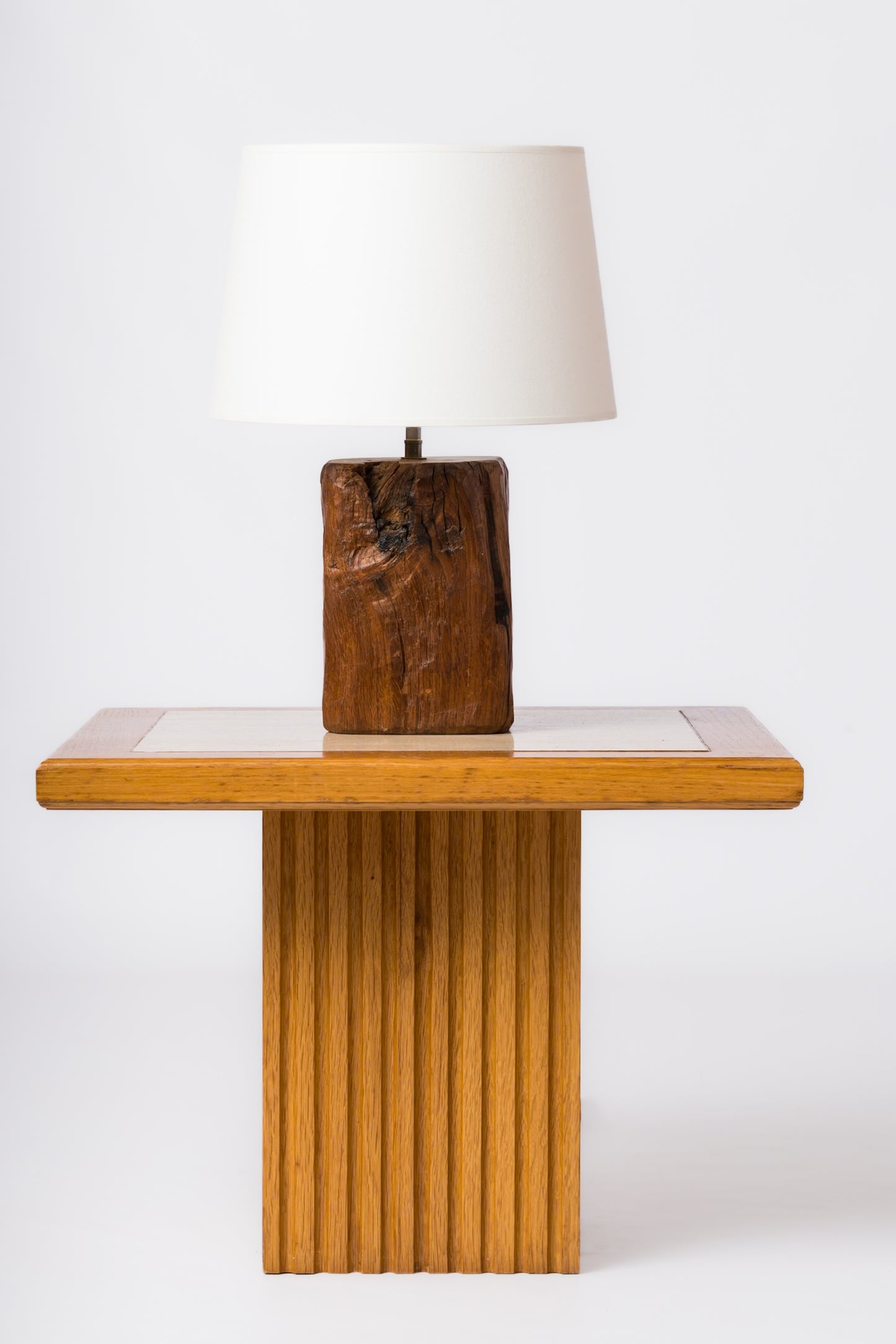 Petite Stained Oak Brutalist Wood Table Lamp - France 1970's