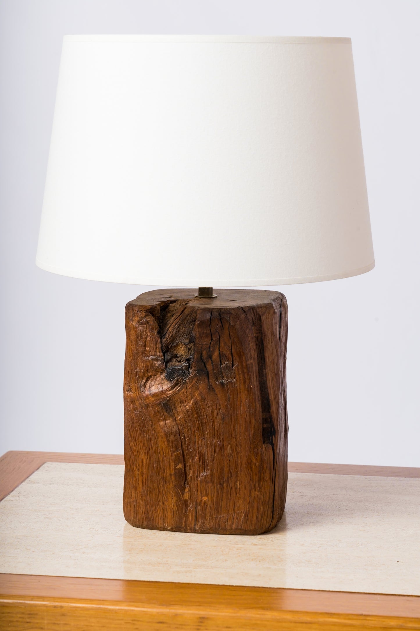 Petite Stained Oak Brutalist Wood Table Lamp - France 1970's