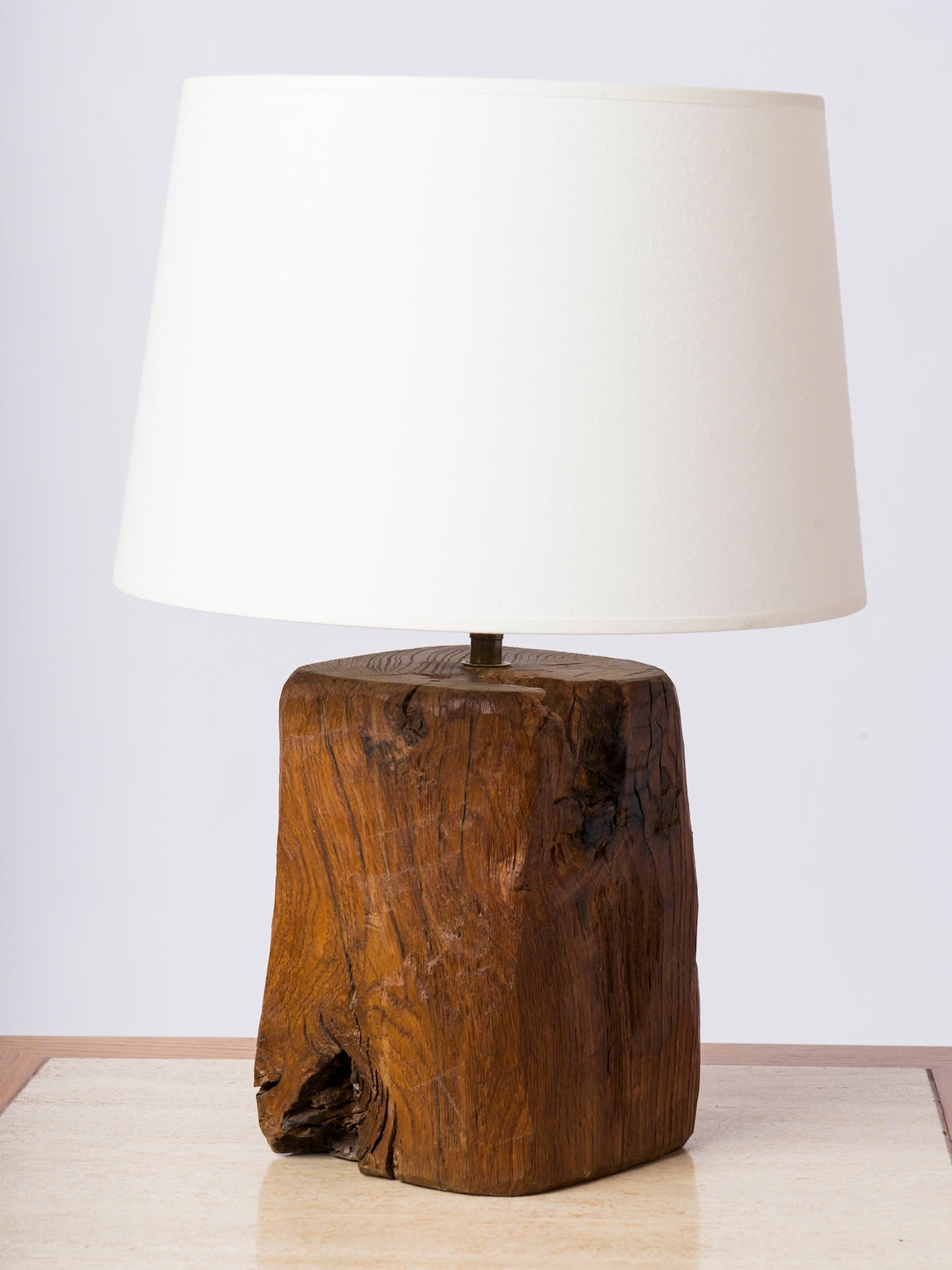 Petite Stained Oak Brutalist Wood Table Lamp - France 1970's