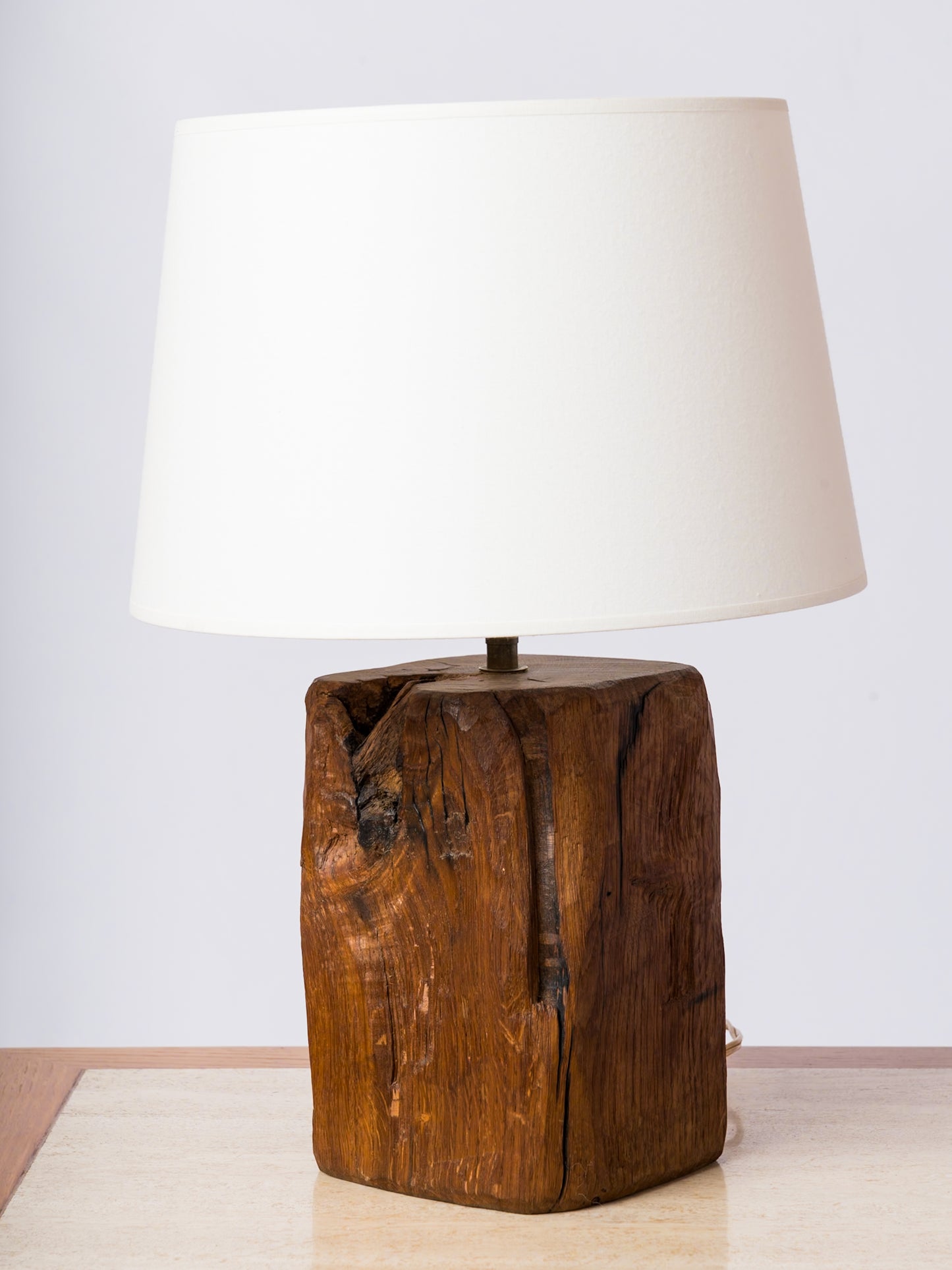 Petite Stained Oak Brutalist Wood Table Lamp - France 1970's