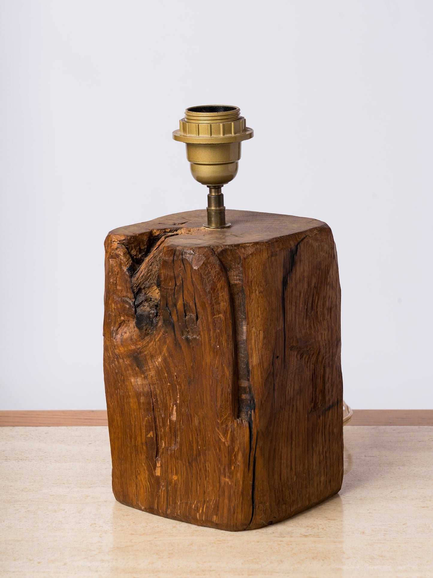 Petite Stained Oak Brutalist Wood Table Lamp - France 1970's