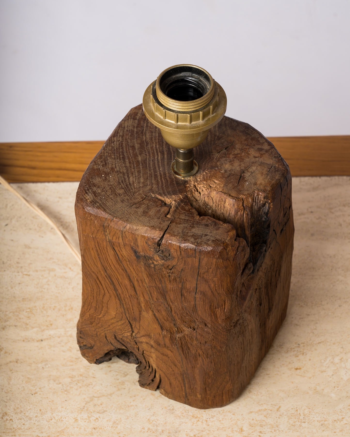 Petite Stained Oak Brutalist Wood Table Lamp - France 1970's