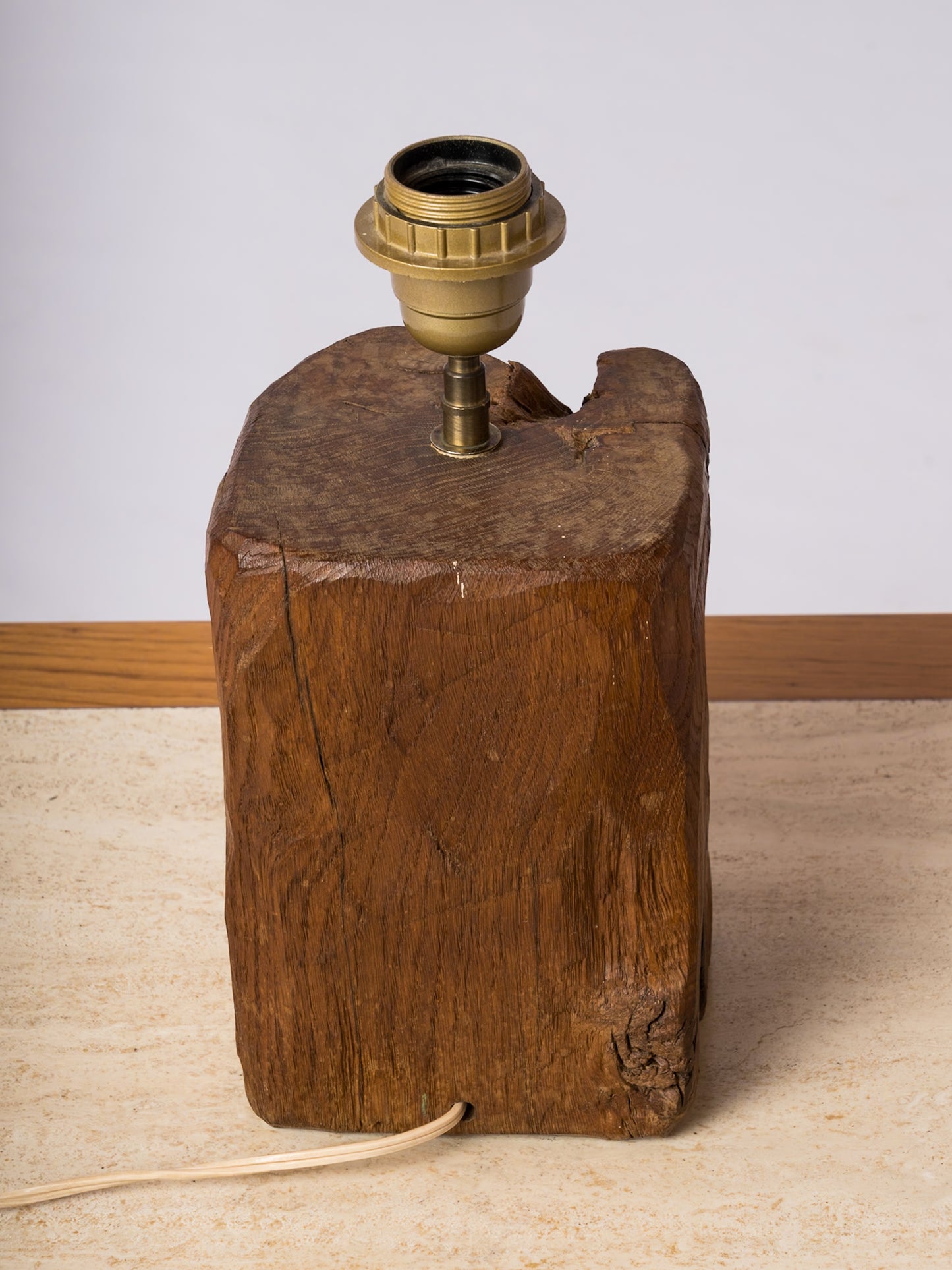Petite Stained Oak Brutalist Wood Table Lamp - France 1970's