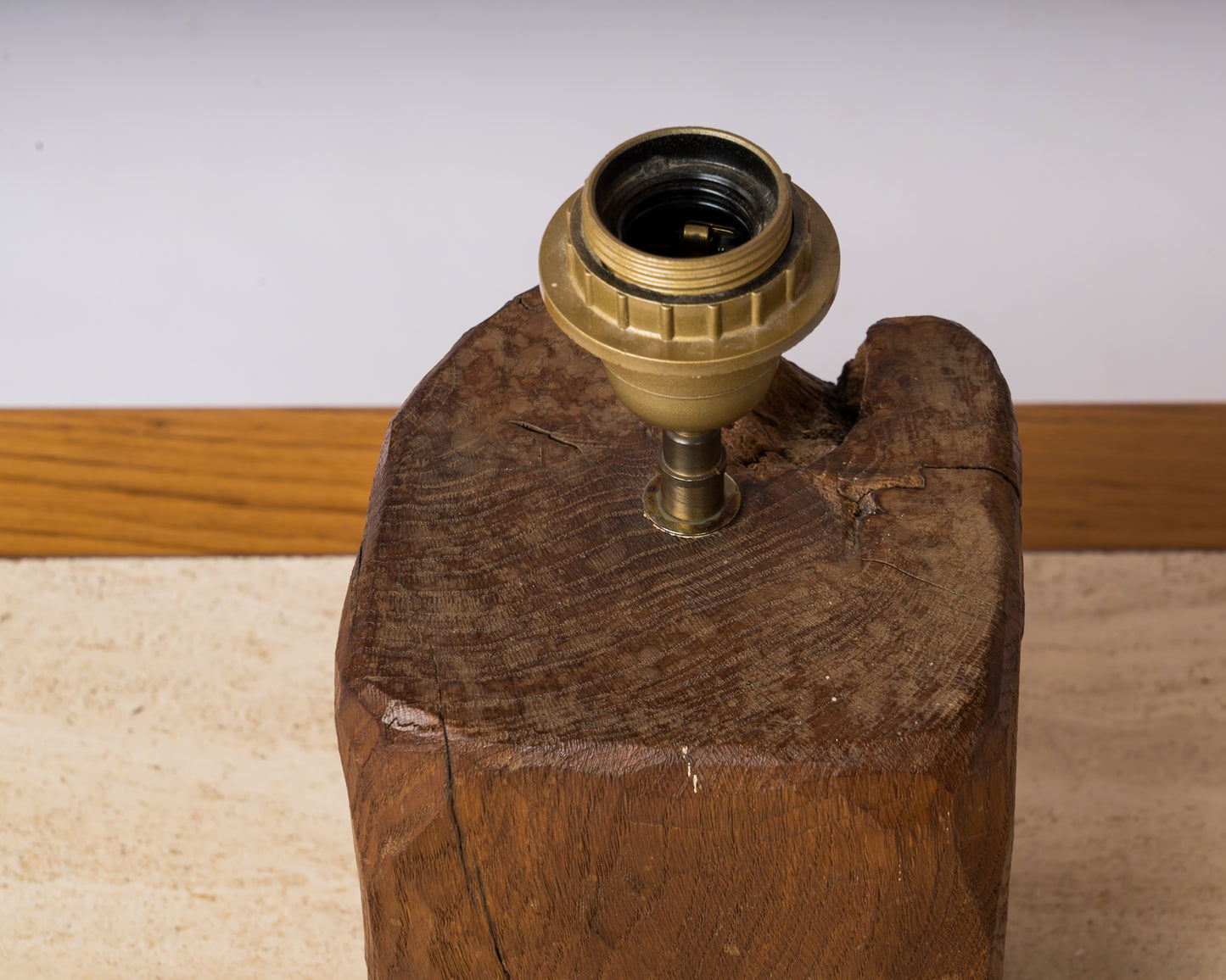 Petite Stained Oak Brutalist Wood Table Lamp - France 1970's
