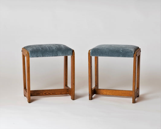 Pair of "Mobilier de Montagne" Pinewood and Blue Mohair Benches, France 1970's