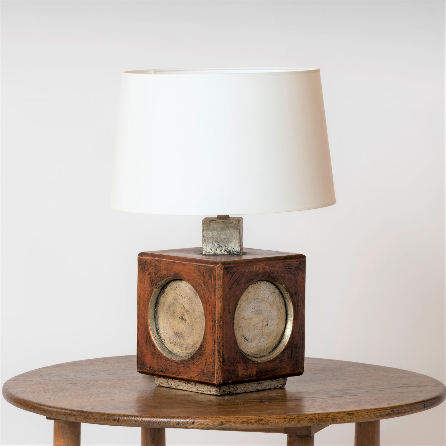 Square Brutalist Terracotta Table Lamp W. Ochre & Silver Accents, Italy, 1970s