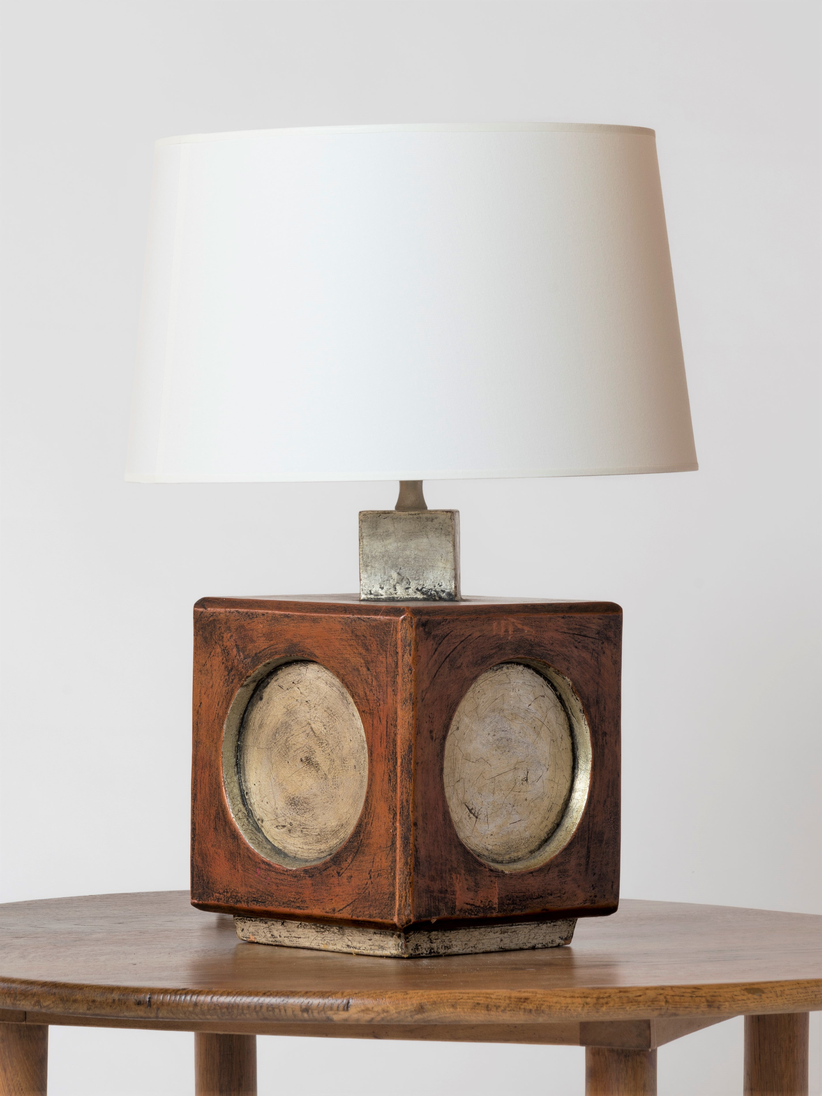 Square Brutalist Terracotta Table Lamp W. Ochre & Silver Accents, Italy, 1970s