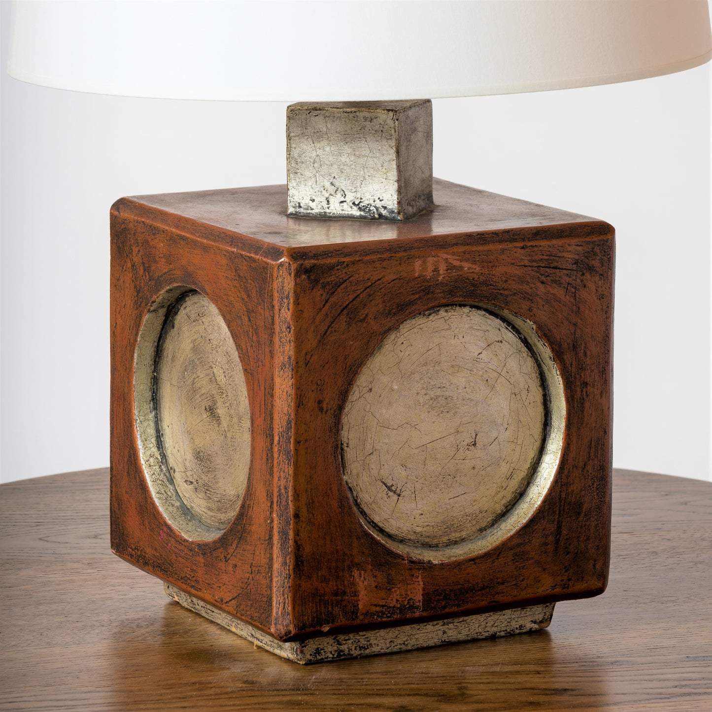 Square Brutalist Terracotta Table Lamp W. Ochre & Silver Accents, Italy, 1970s