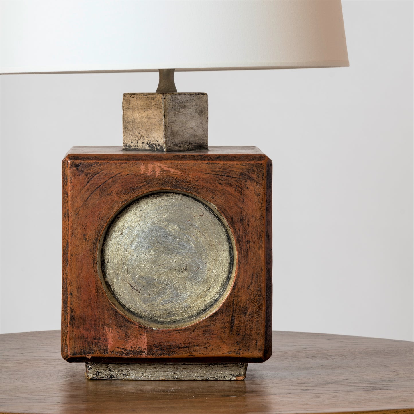 Square Brutalist Terracotta Table Lamp W. Ochre & Silver Accents, Italy, 1970s