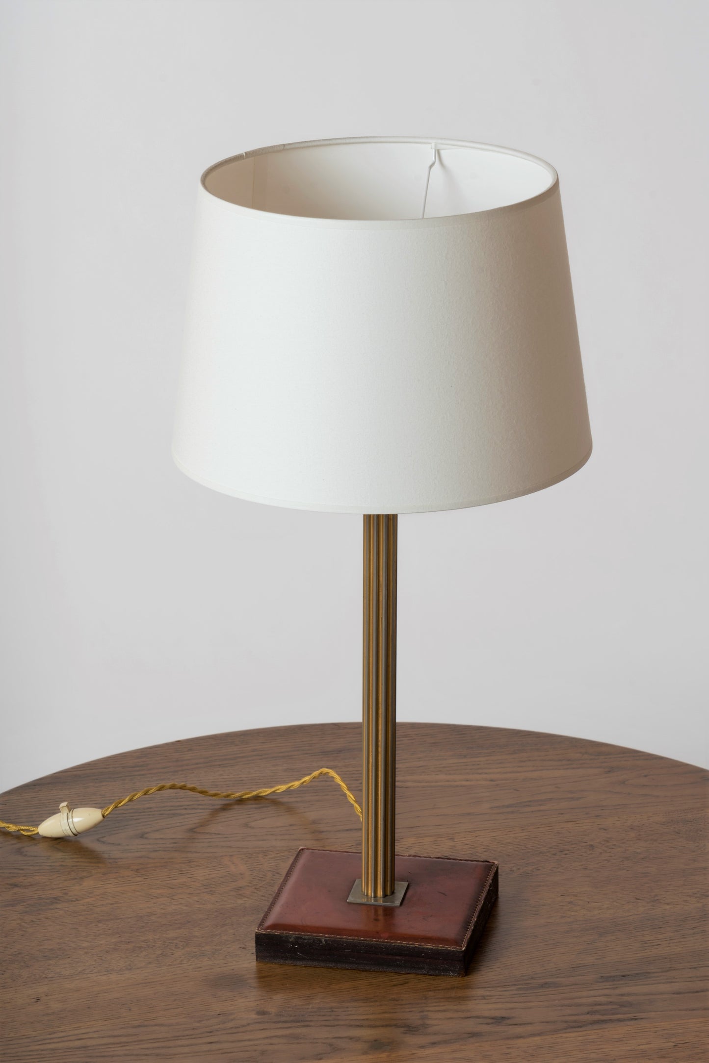 Square Leather Base and Brass Pole Table Lamp by Delvaux - Belgium 1960's