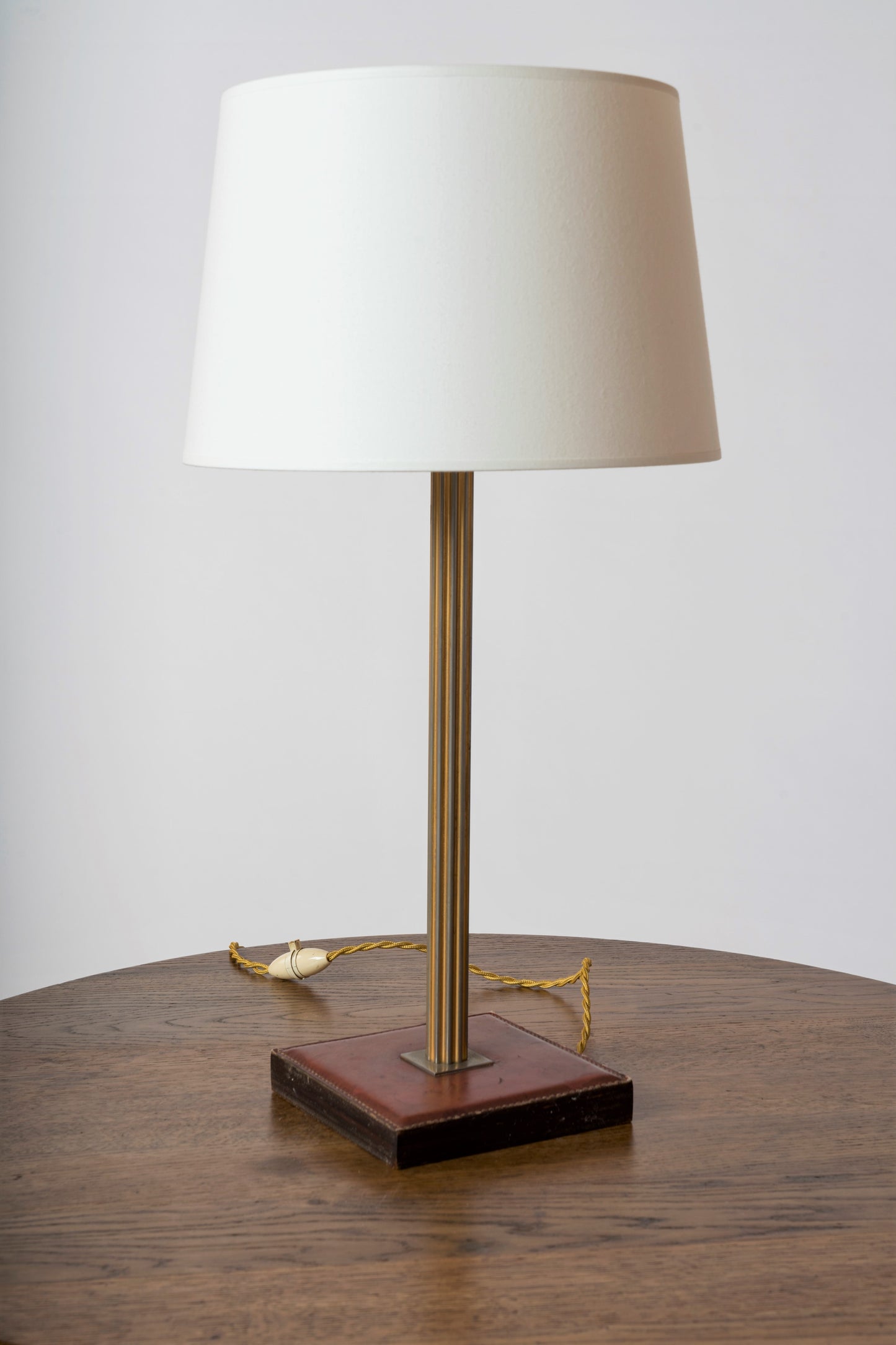 Square Leather Base and Brass Pole Table Lamp by Delvaux - Belgium 1960's