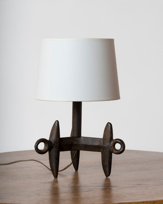 Brutalist Patinated Cast Iron Tripod Table Lamp