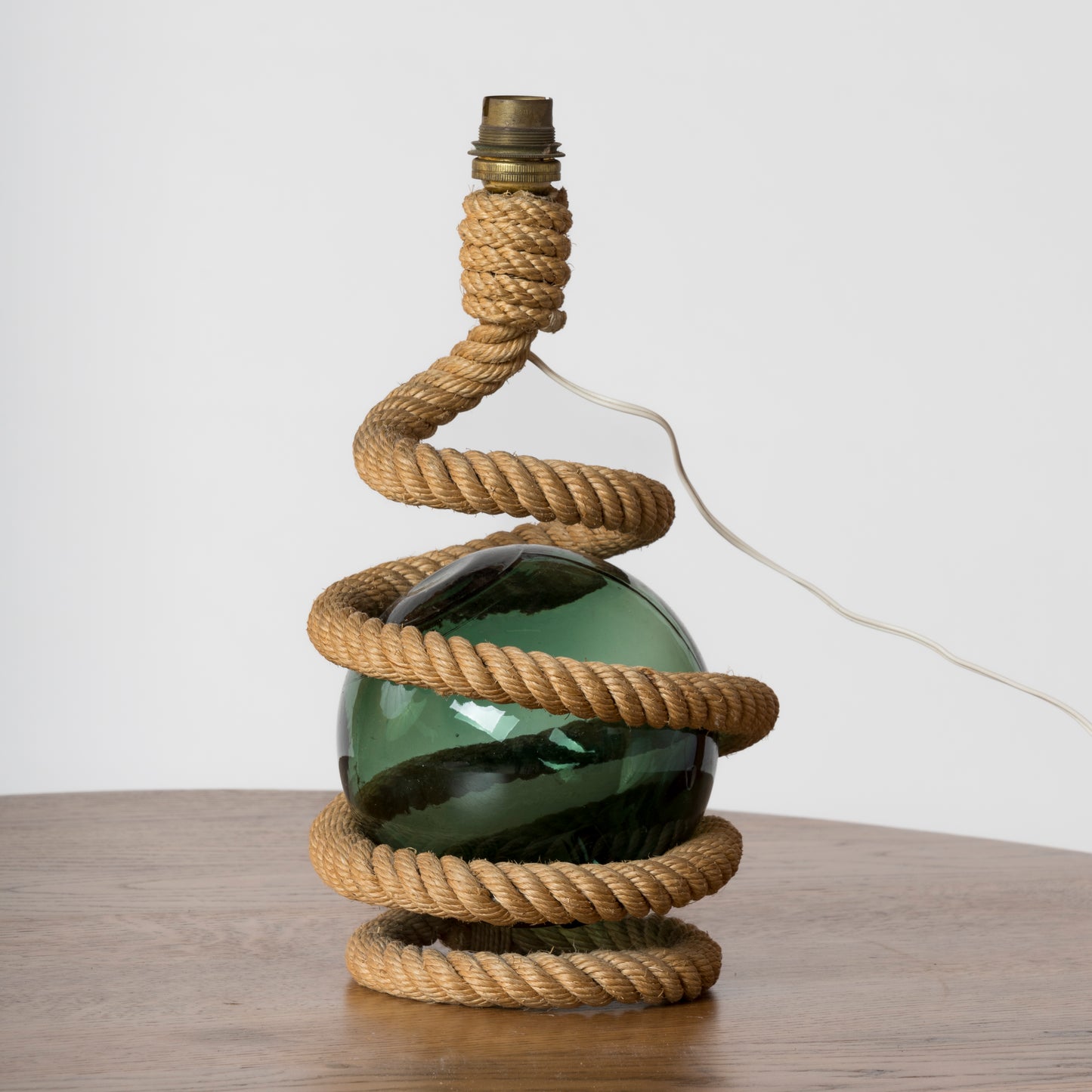 Rope and Marine Green Glass Ball Table Lamp Att. Audoux Minnet, France 1960s