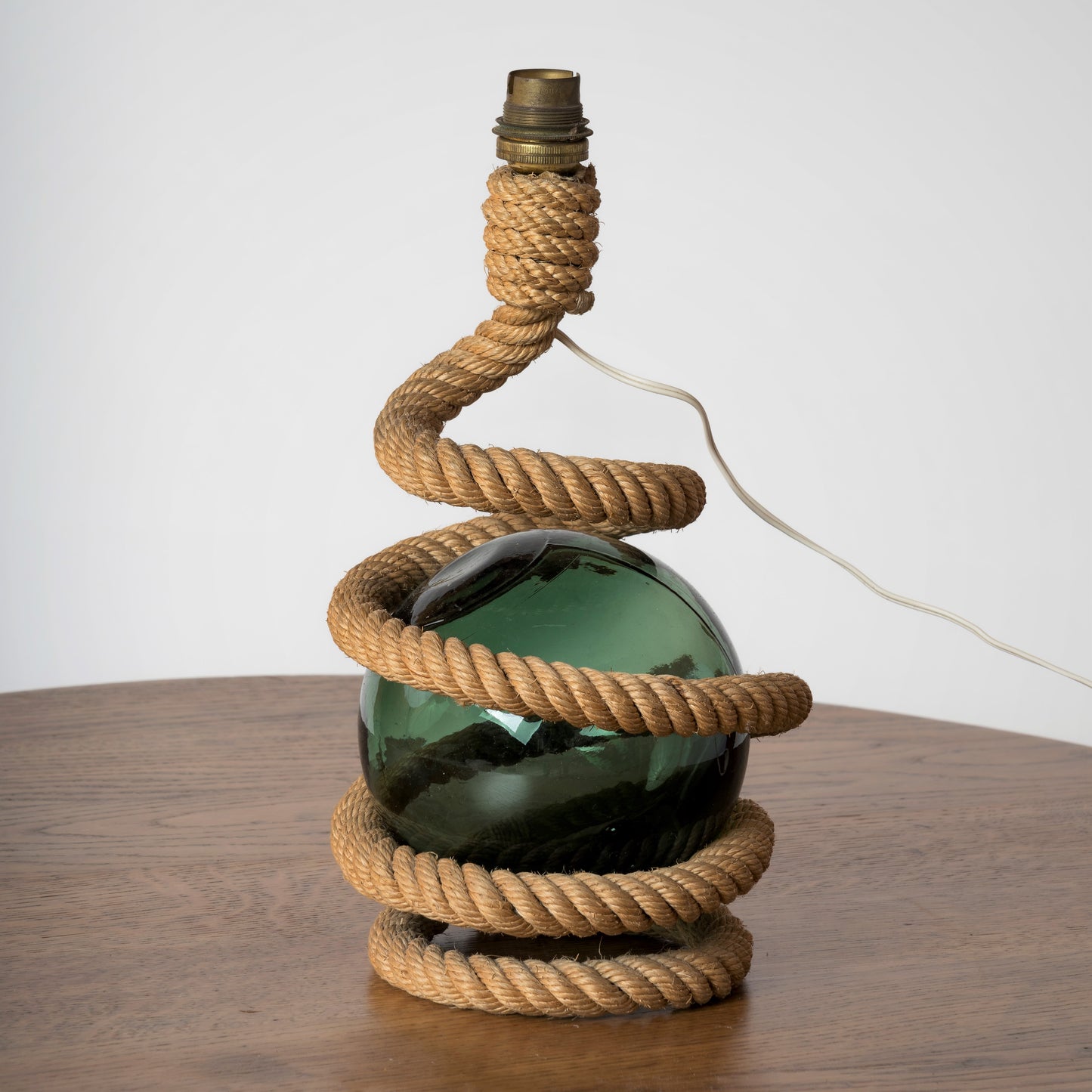 Rope and Marine Green Glass Ball Table Lamp Att. Audoux Minnet, France 1960s