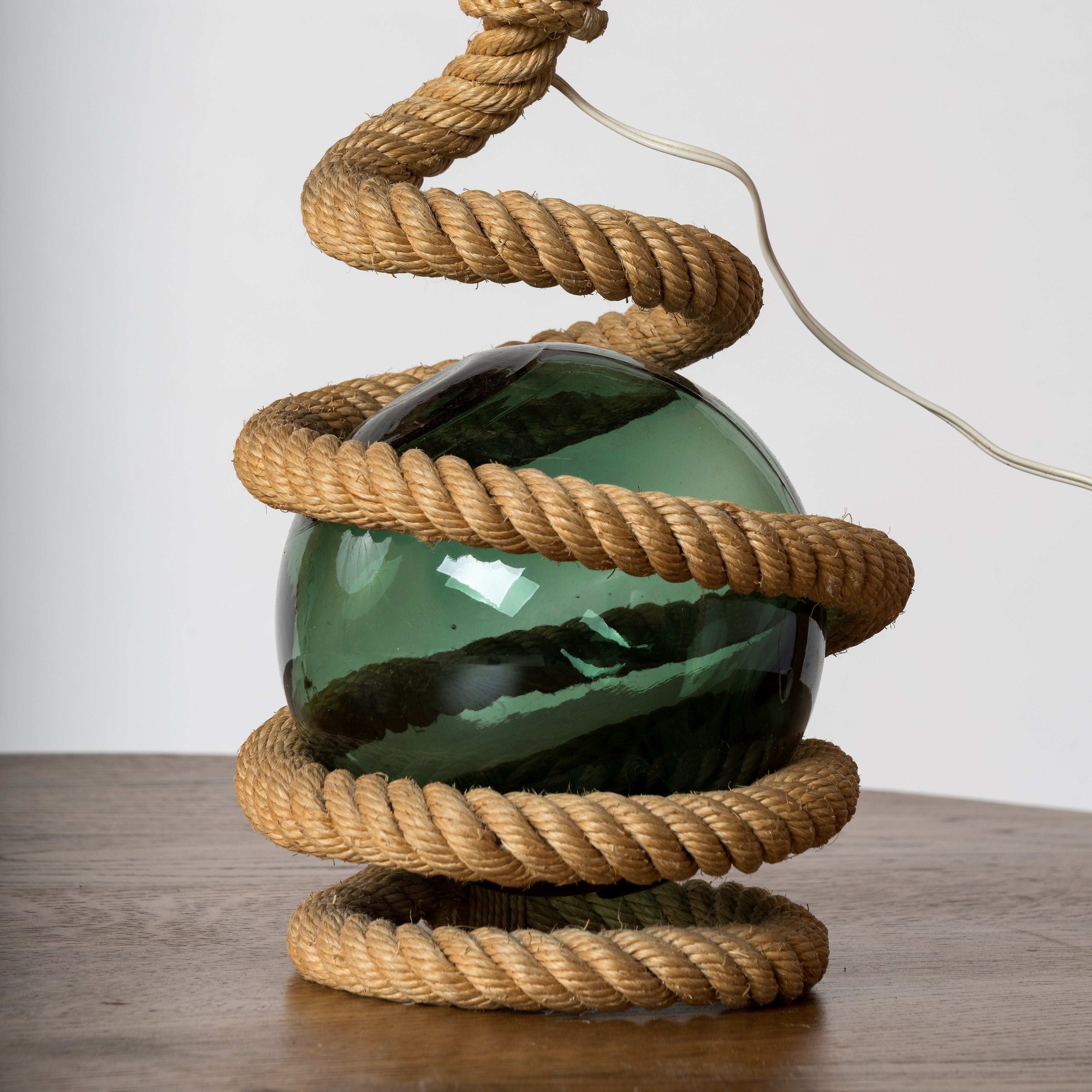 Rope and Marine Green Glass Ball Table Lamp Att. Audoux Minnet, France 1960s