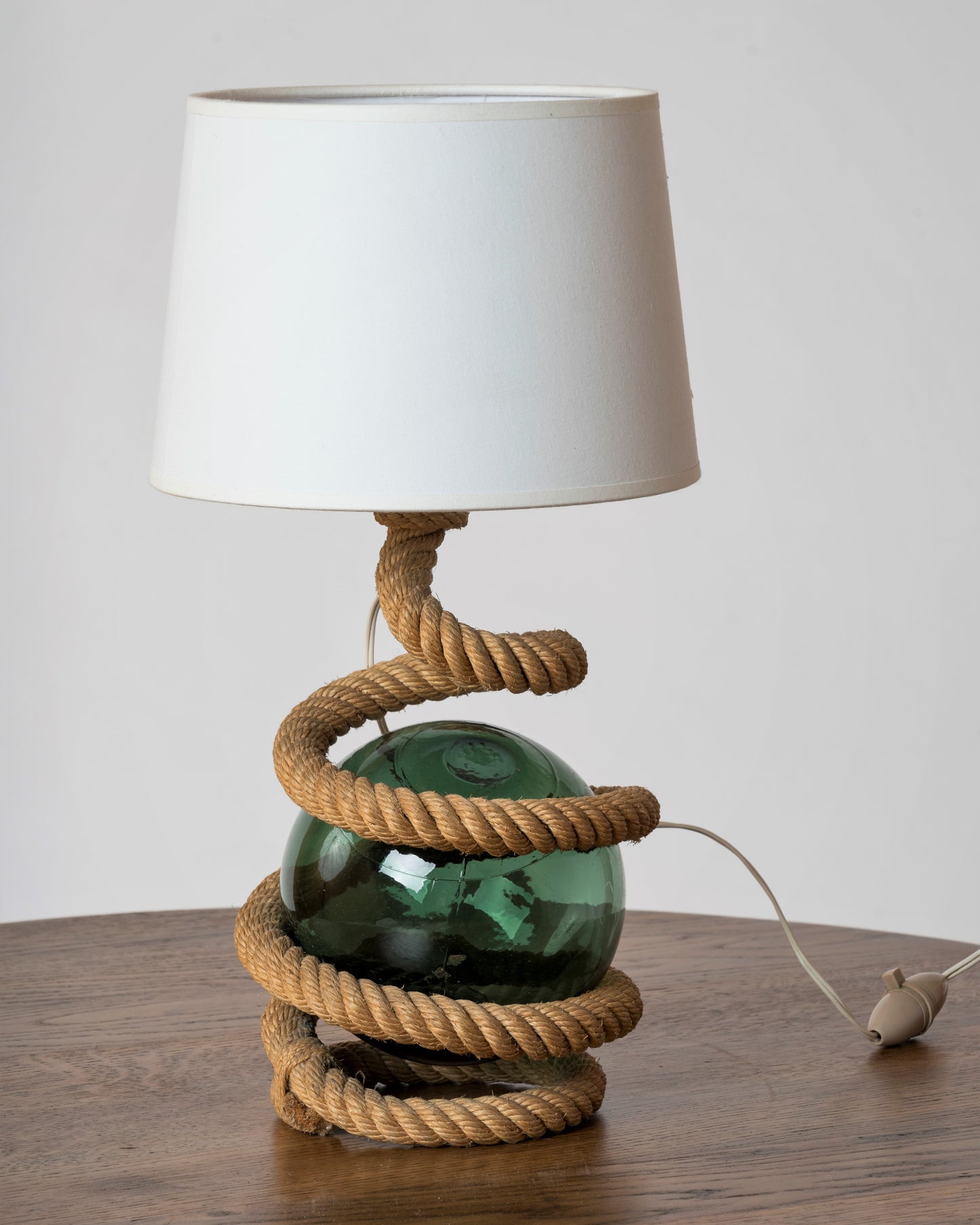 Rope and Marine Green Glass Ball Table Lamp Att. Audoux Minnet, France 1960s