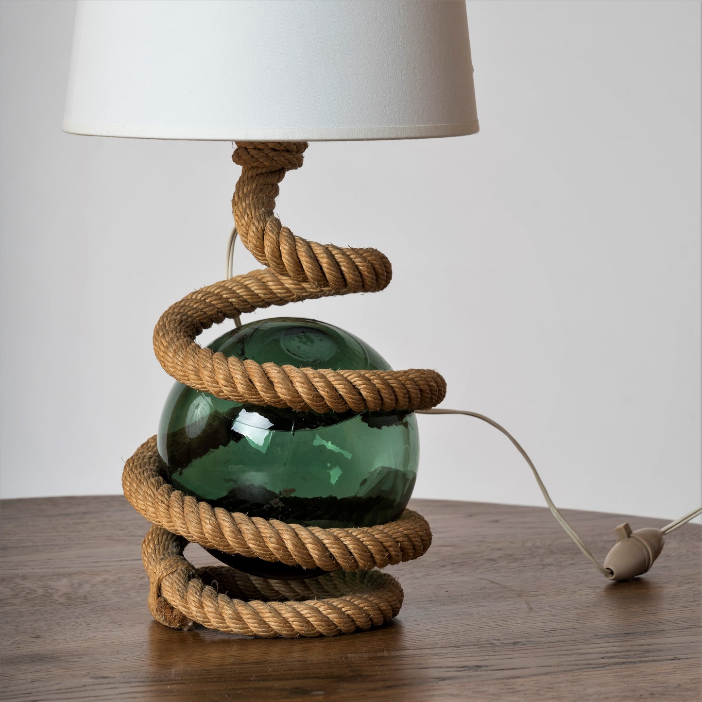 Rope and Marine Green Glass Ball Table Lamp Att. Audoux Minnet, France 1960s