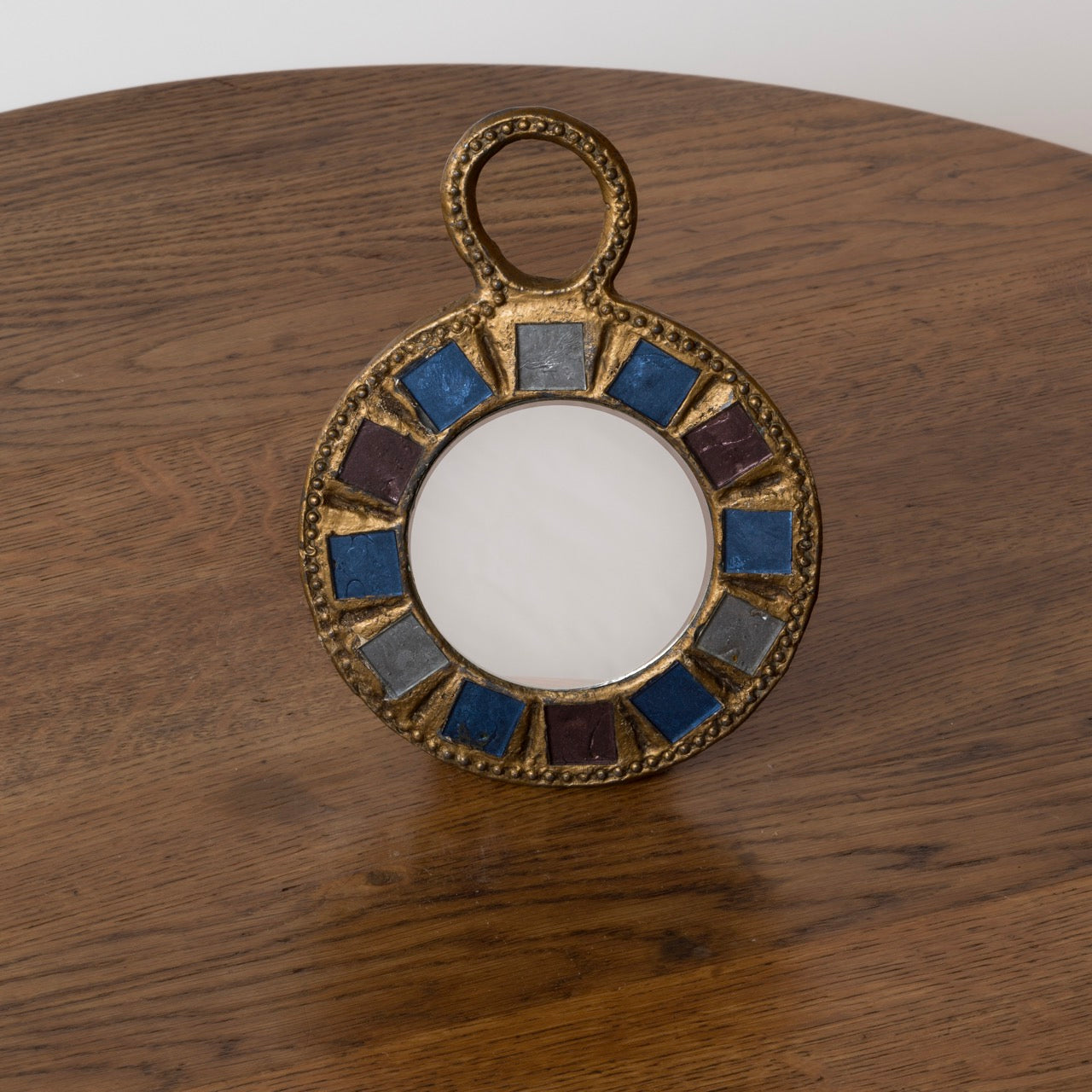 Blue & Green Talosel Gilt Metal Mirror by Irena Jaworska - France 1970's